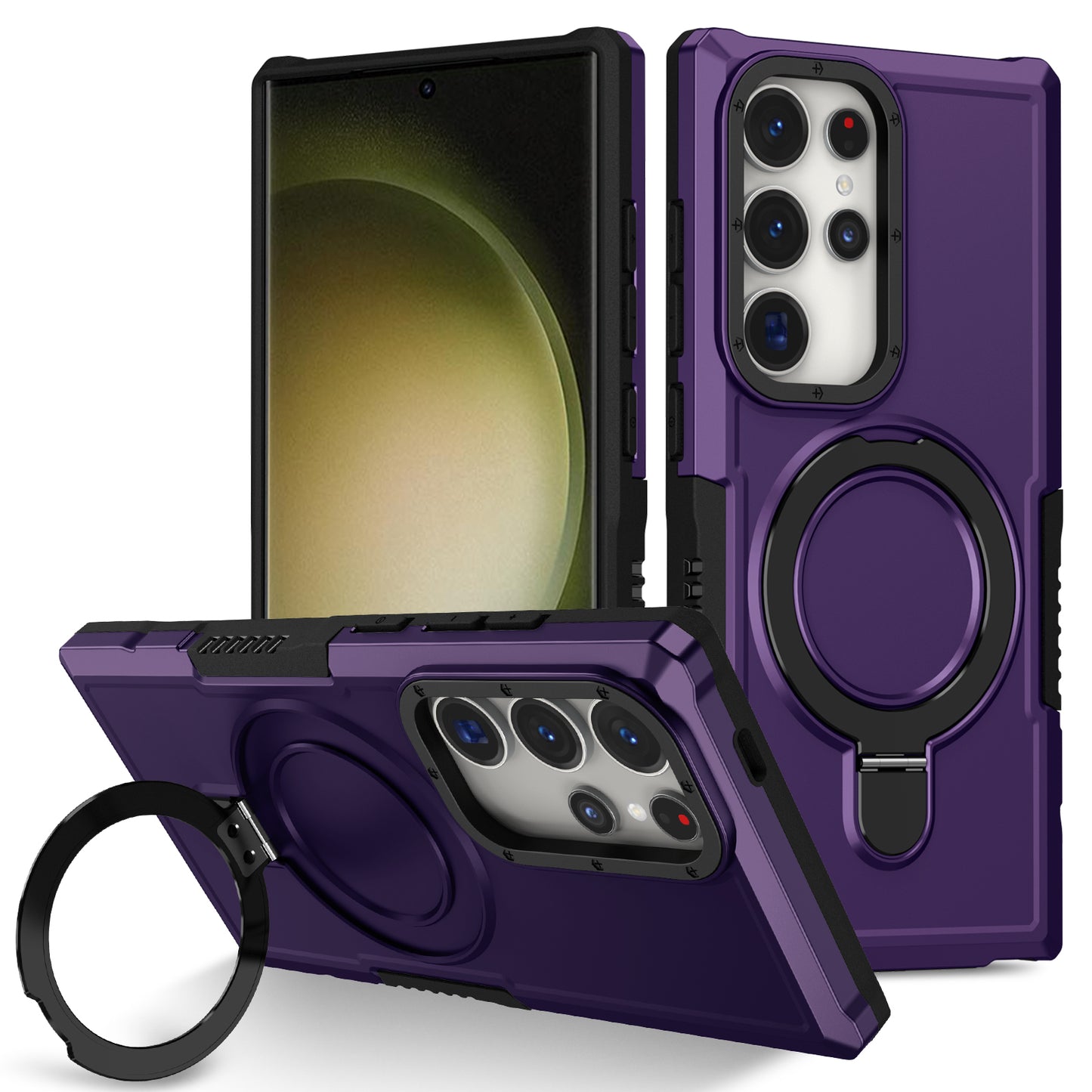 For Samsung Galaxy S24 Ultra Case TPU+PC 2-in-1 Ring Kickstand Shockproof Cover - Dark Purple