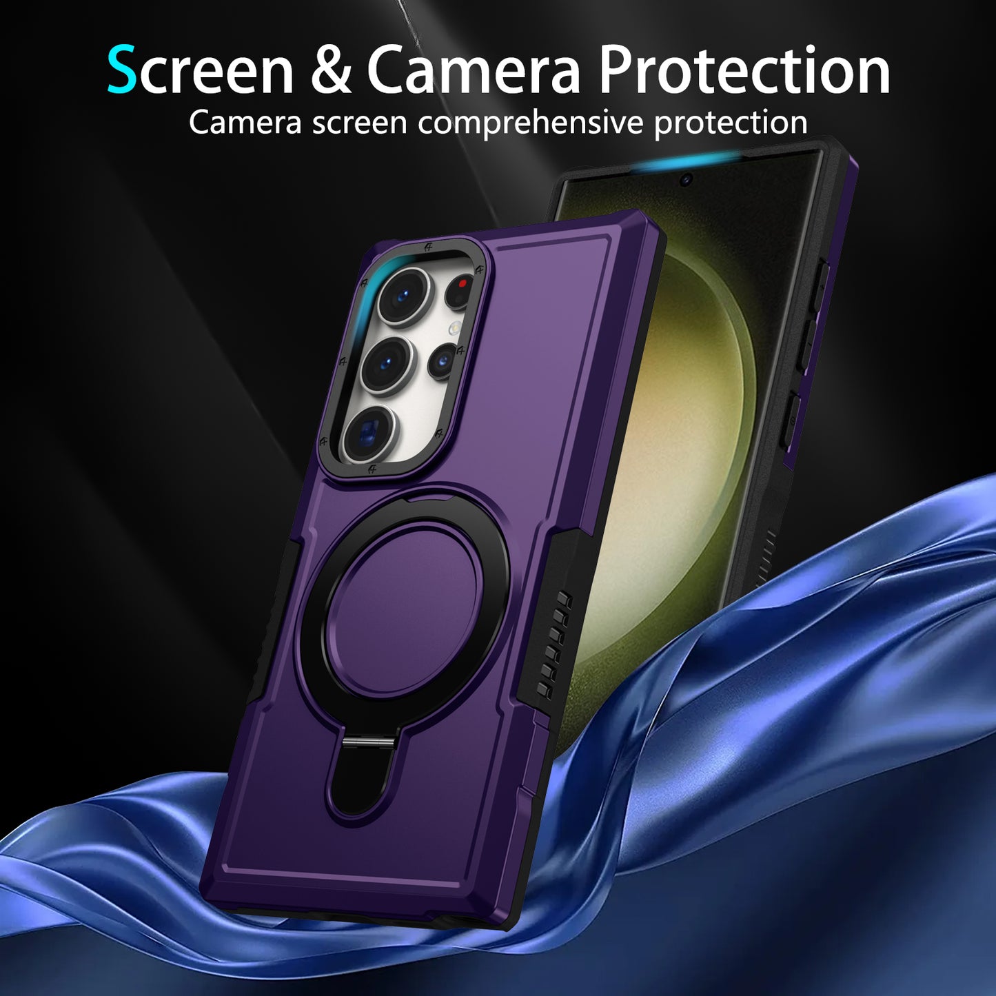 For Samsung Galaxy S24 Ultra Case TPU+PC 2-in-1 Ring Kickstand Shockproof Cover - Dark Purple