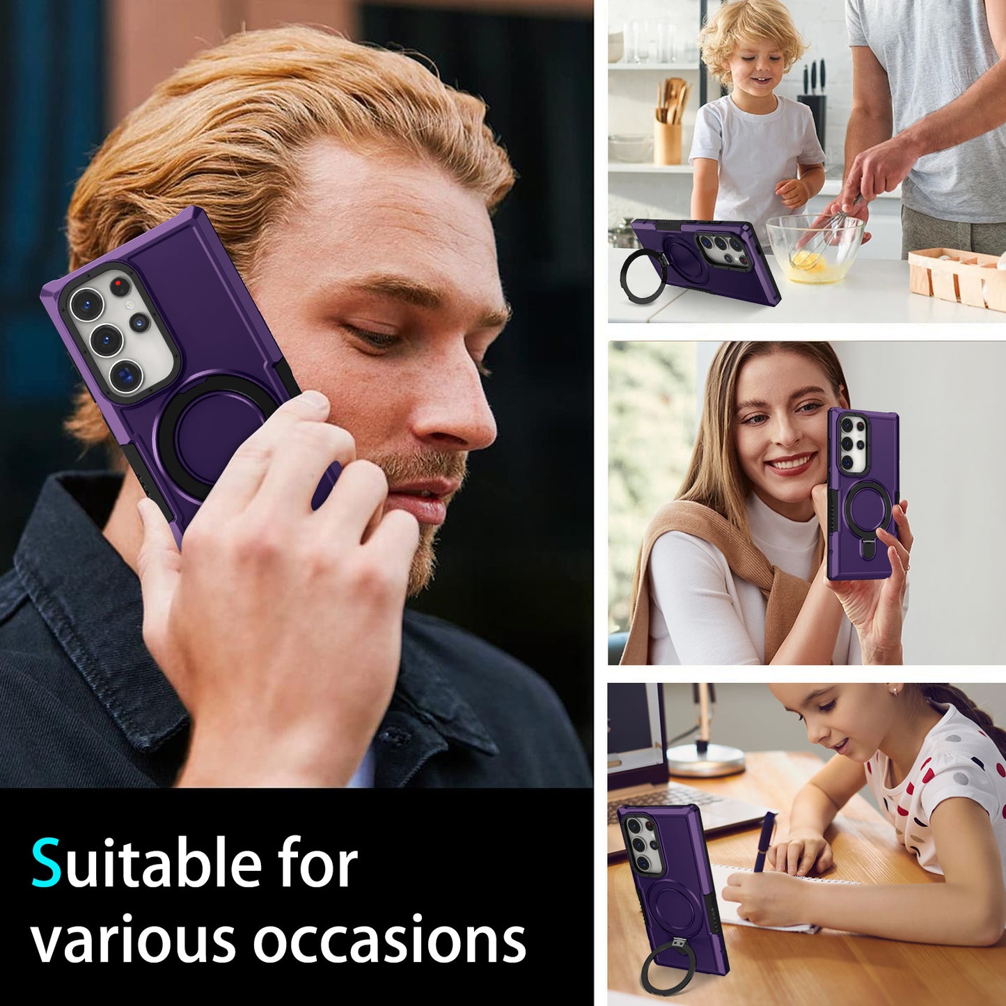 For Samsung Galaxy S24 Ultra Case TPU+PC 2-in-1 Ring Kickstand Shockproof Cover - Dark Purple