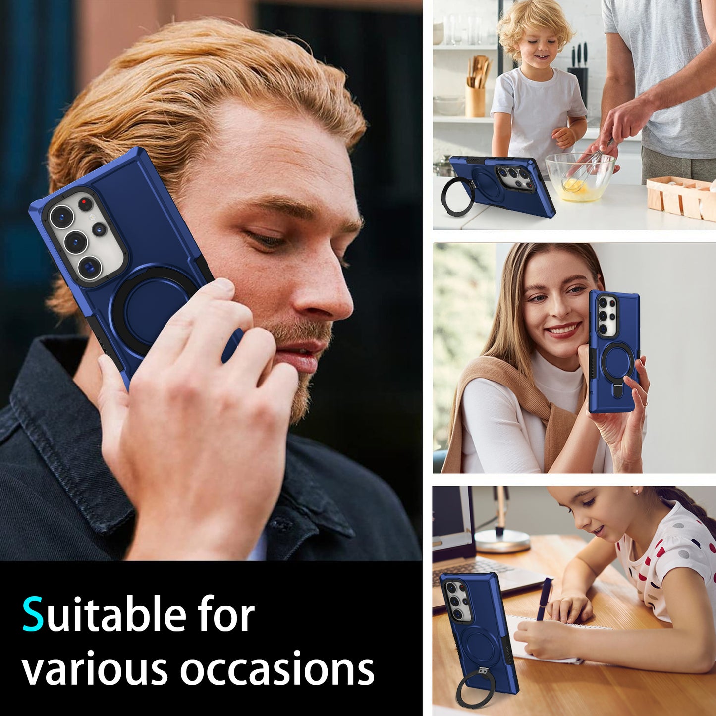 For Samsung Galaxy S24 Ultra Case TPU+PC 2-in-1 Ring Kickstand Shockproof Cover - Sapphire