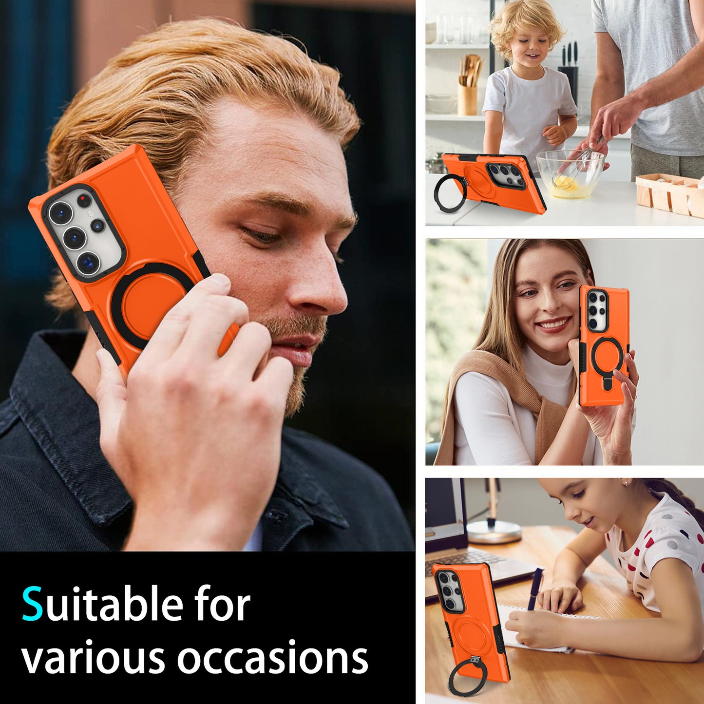 For Samsung Galaxy S24 Ultra Case TPU+PC 2-in-1 Ring Kickstand Shockproof Cover - Orange