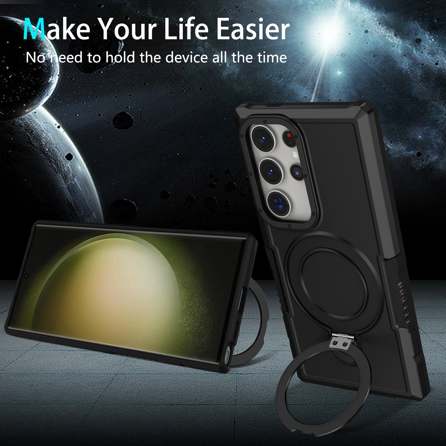 For Samsung Galaxy S24 Ultra Case TPU+PC 2-in-1 Ring Kickstand Shockproof Cover - Black