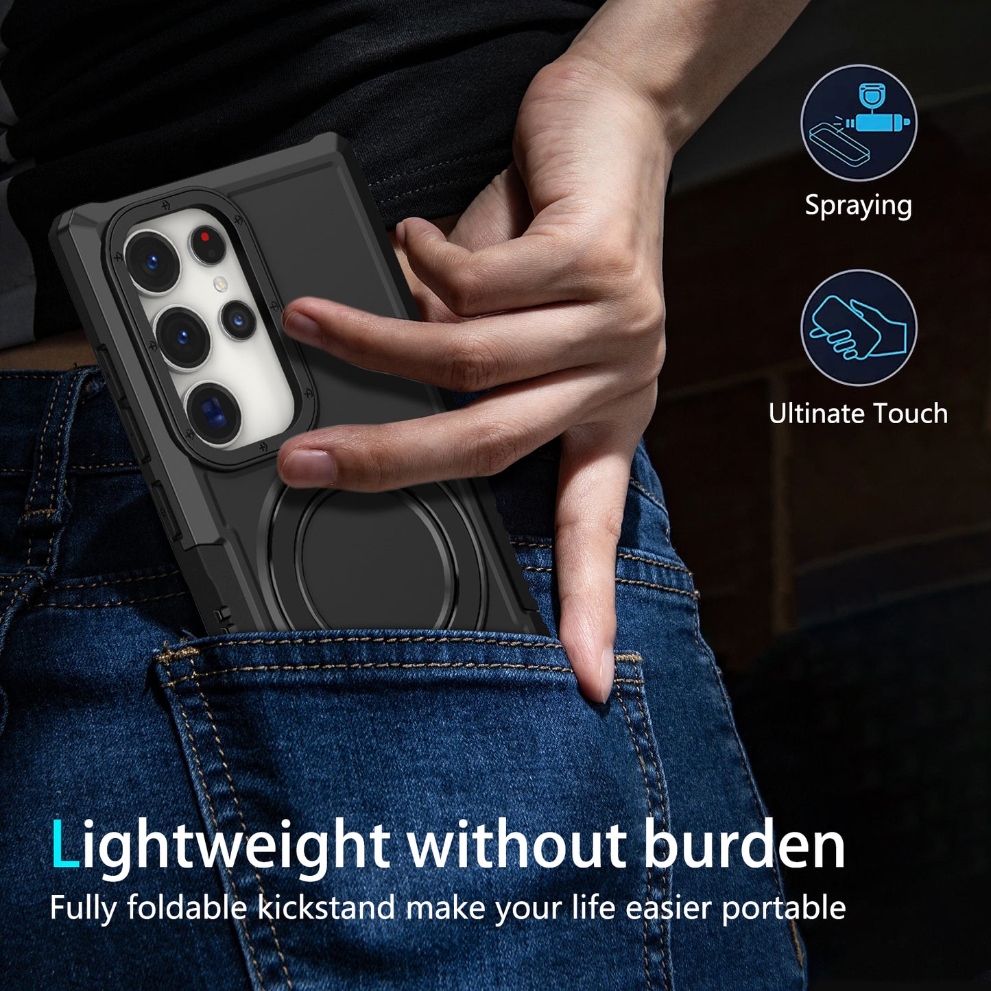 For Samsung Galaxy S24 Ultra Case TPU+PC 2-in-1 Ring Kickstand Shockproof Cover - Black
