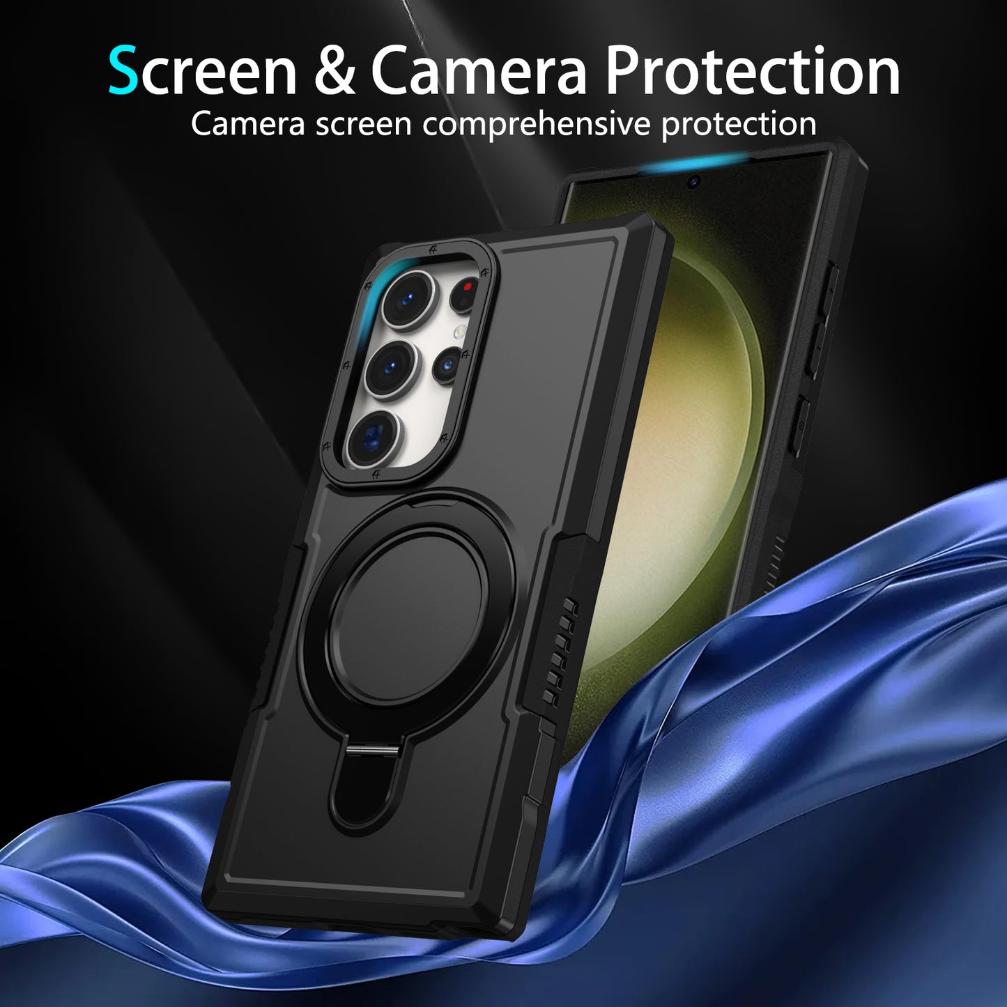 For Samsung Galaxy S24 Ultra Case TPU+PC 2-in-1 Ring Kickstand Shockproof Cover - Black