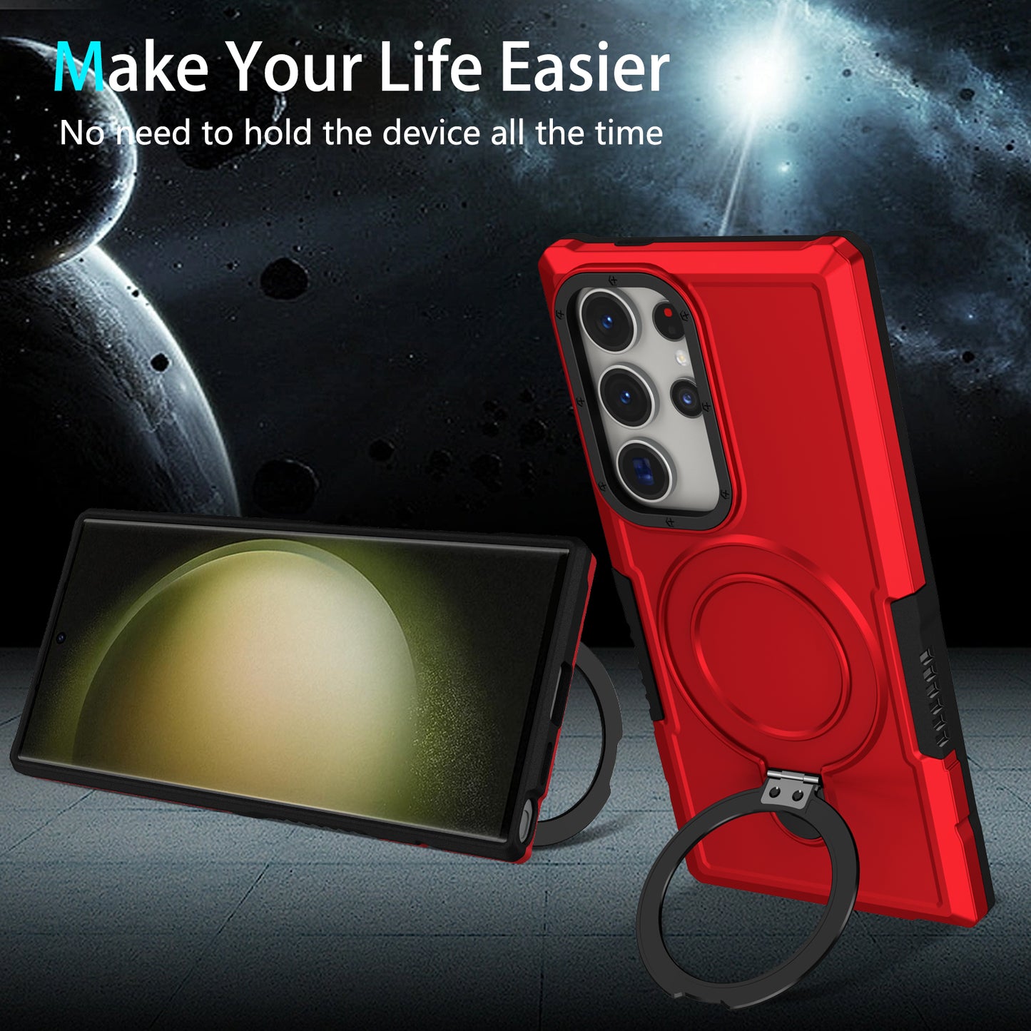 For Samsung Galaxy S24 Ultra Case TPU+PC 2-in-1 Ring Kickstand Shockproof Cover - Red