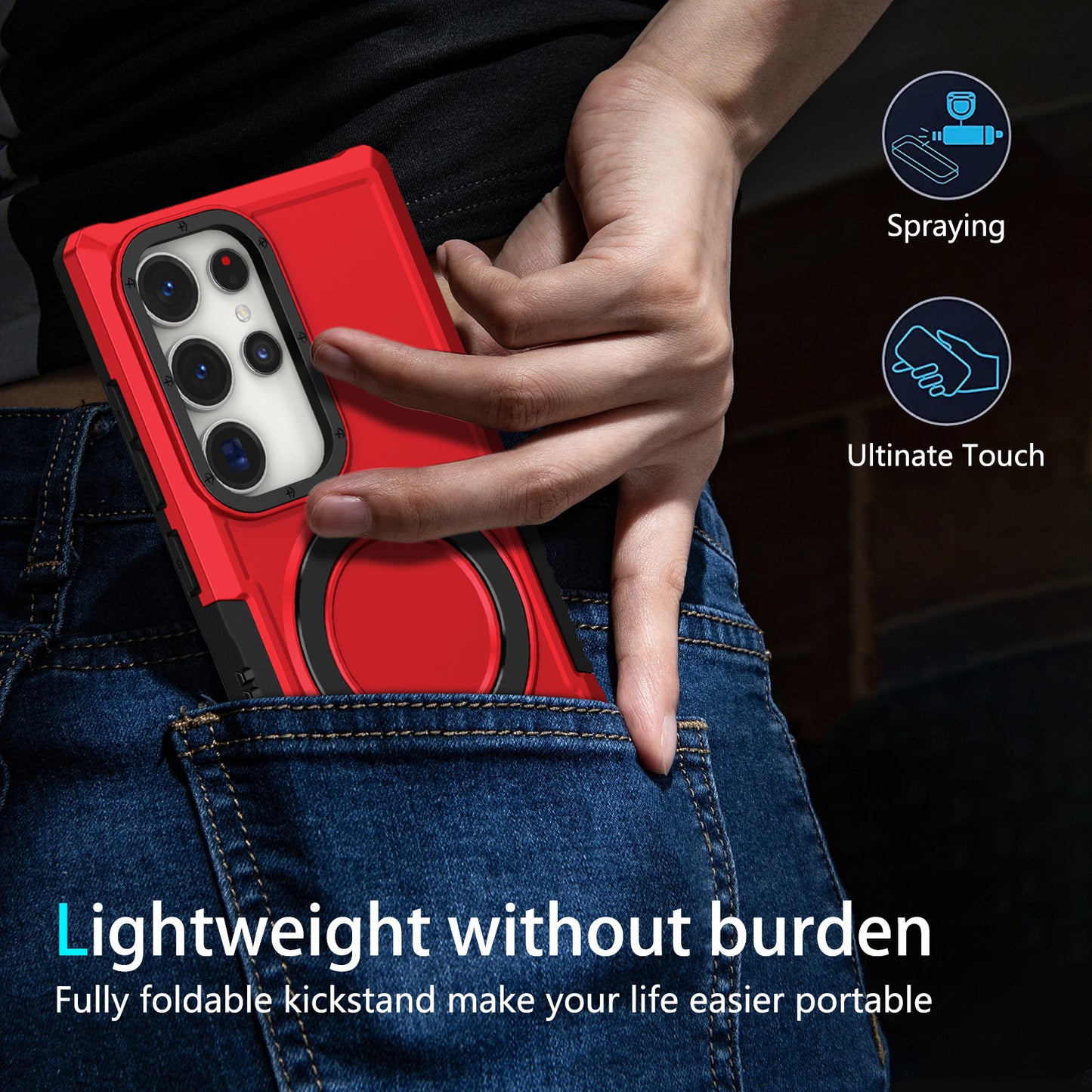 For Samsung Galaxy S24 Ultra Case TPU+PC 2-in-1 Ring Kickstand Shockproof Cover - Red