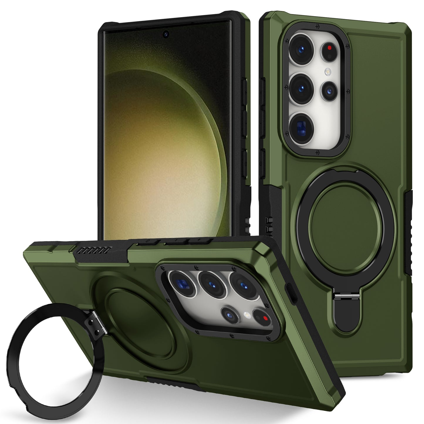 For Samsung Galaxy S24 Ultra Case TPU+PC 2-in-1 Ring Kickstand Shockproof Cover - Blackish Green
