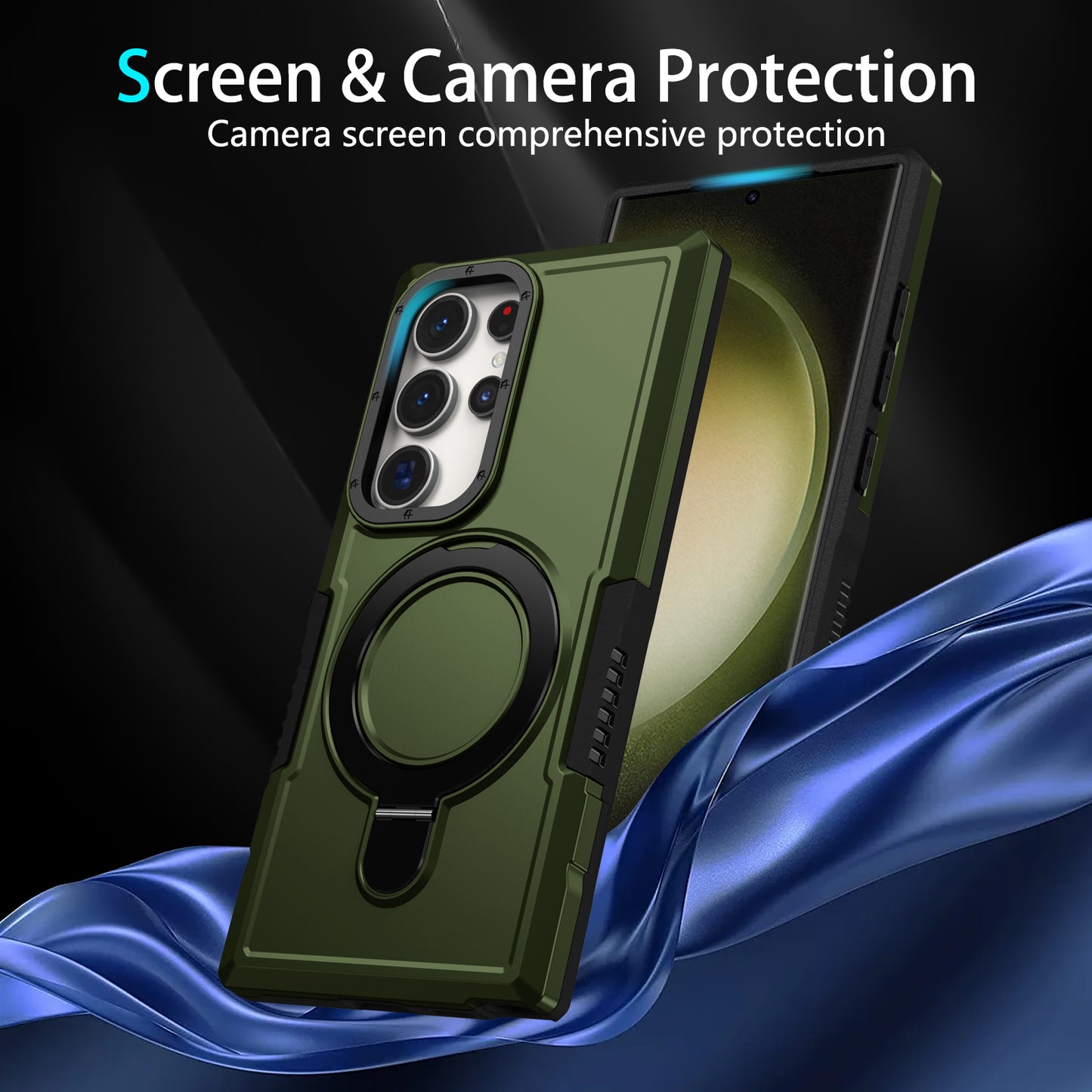 For Samsung Galaxy S24 Ultra Case TPU+PC 2-in-1 Ring Kickstand Shockproof Cover - Blackish Green