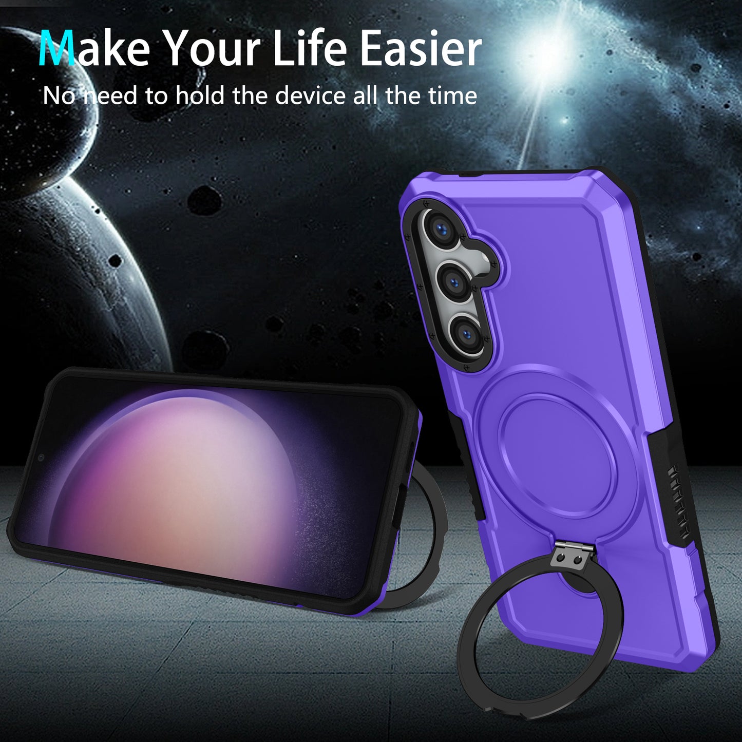 For Samsung Galaxy S24+ Case Hybrid TPU+PC Cover with Ring Holder Kickstand - Purple