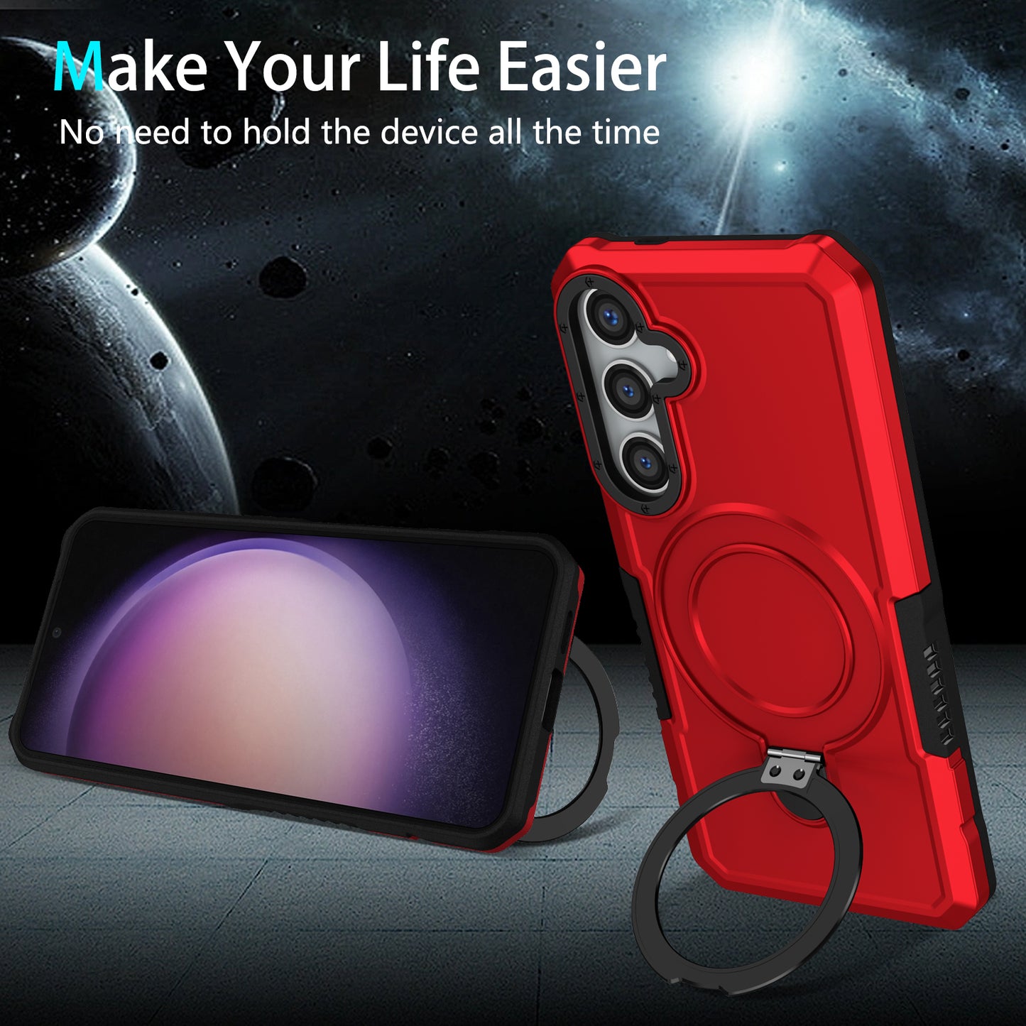 For Samsung Galaxy S24+ Case Hybrid TPU+PC Cover with Ring Holder Kickstand - Red
