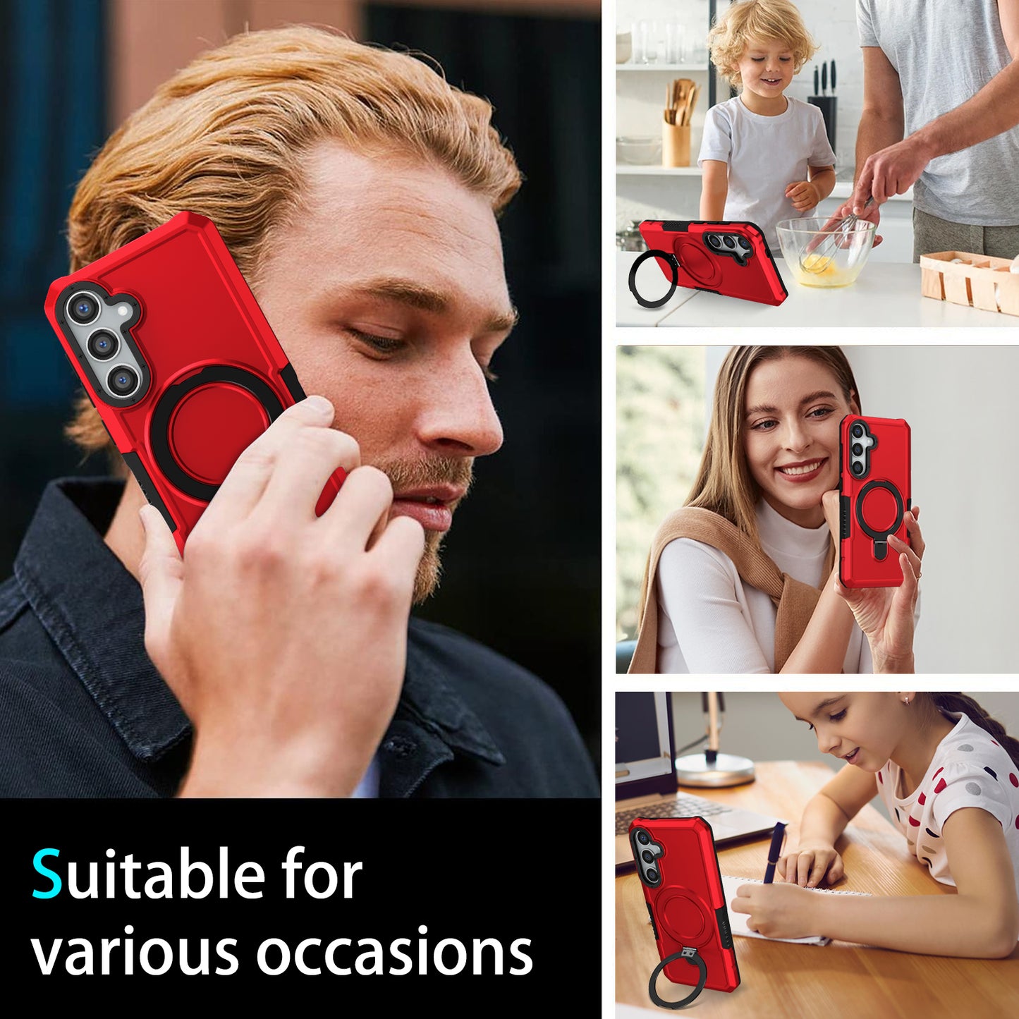 For Samsung Galaxy S24+ Case Hybrid TPU+PC Cover with Ring Holder Kickstand - Red