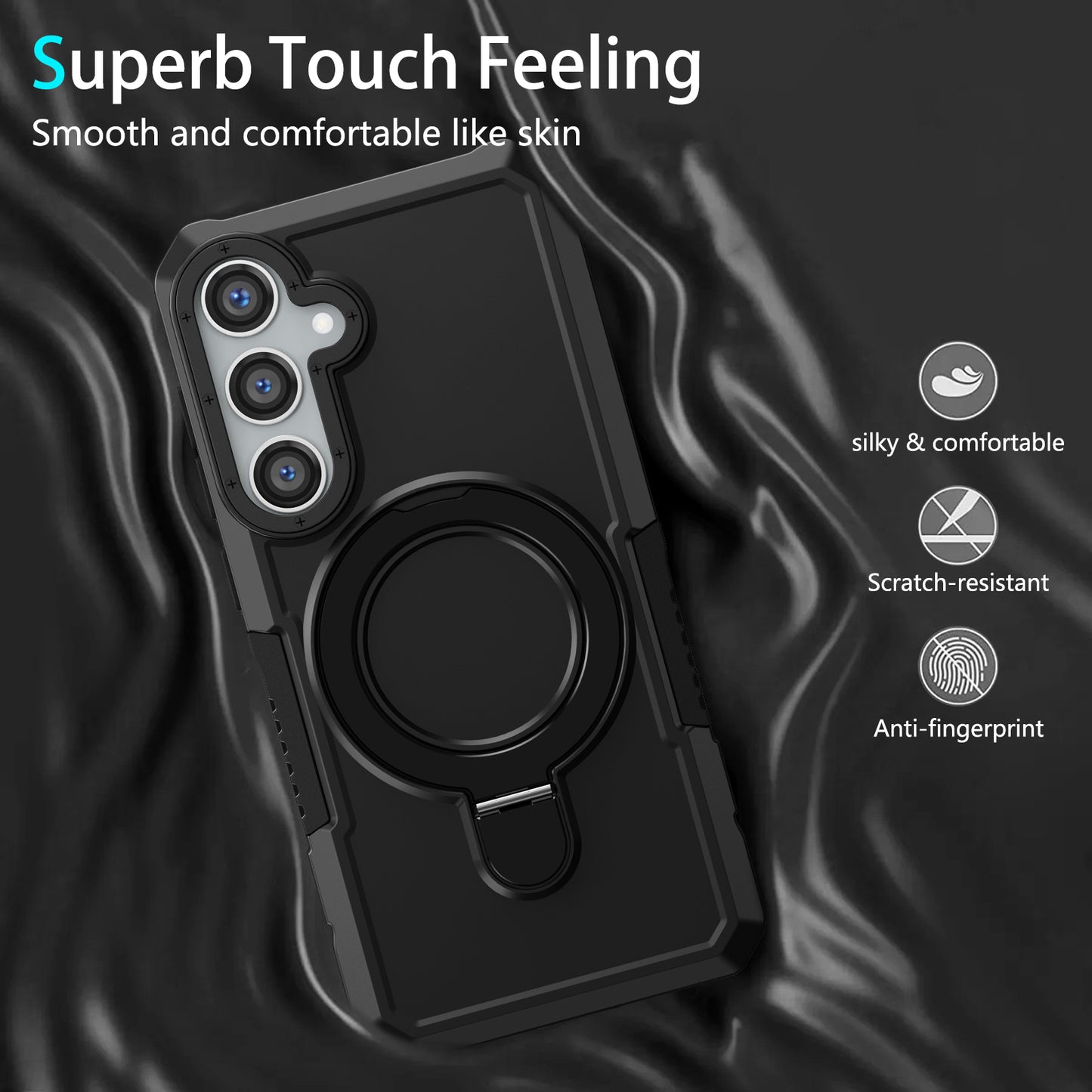 For Samsung Galaxy S24+ Case Hybrid TPU+PC Cover with Ring Holder Kickstand - Black