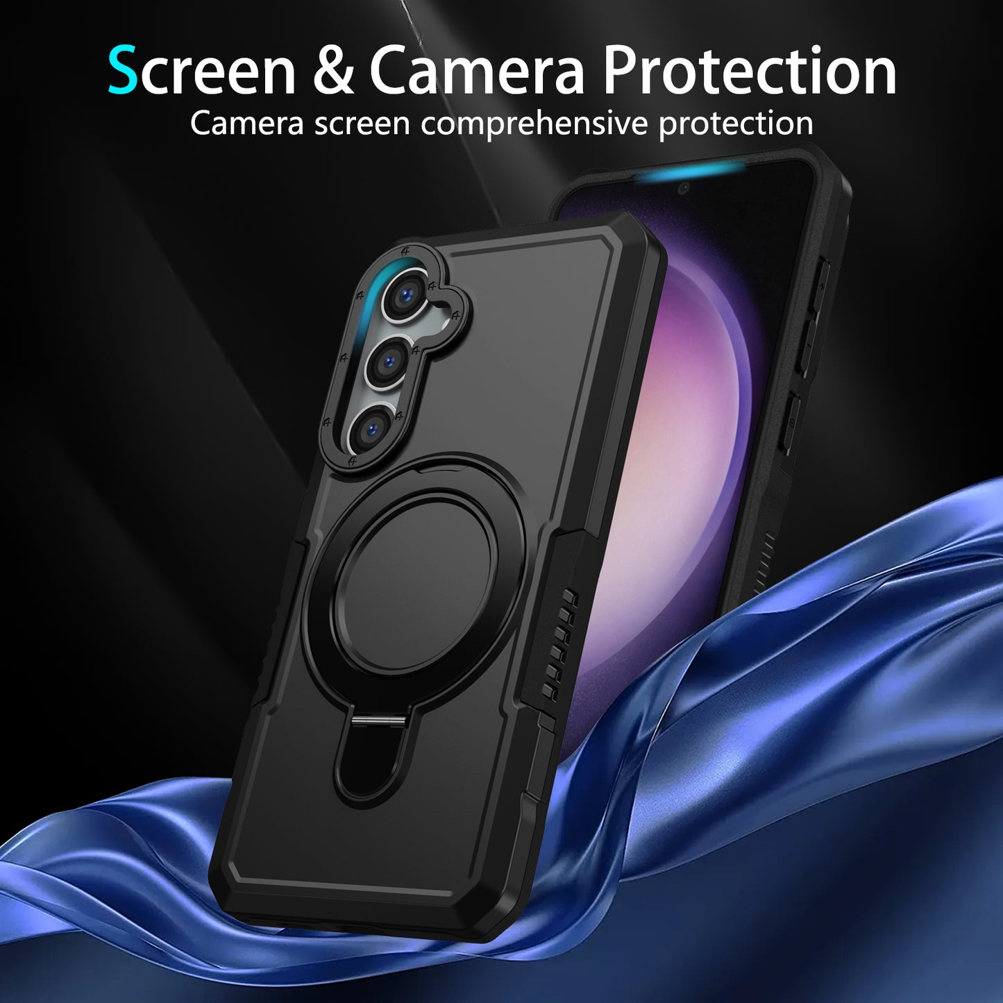 For Samsung Galaxy S24+ Case Hybrid TPU+PC Cover with Ring Holder Kickstand - Black