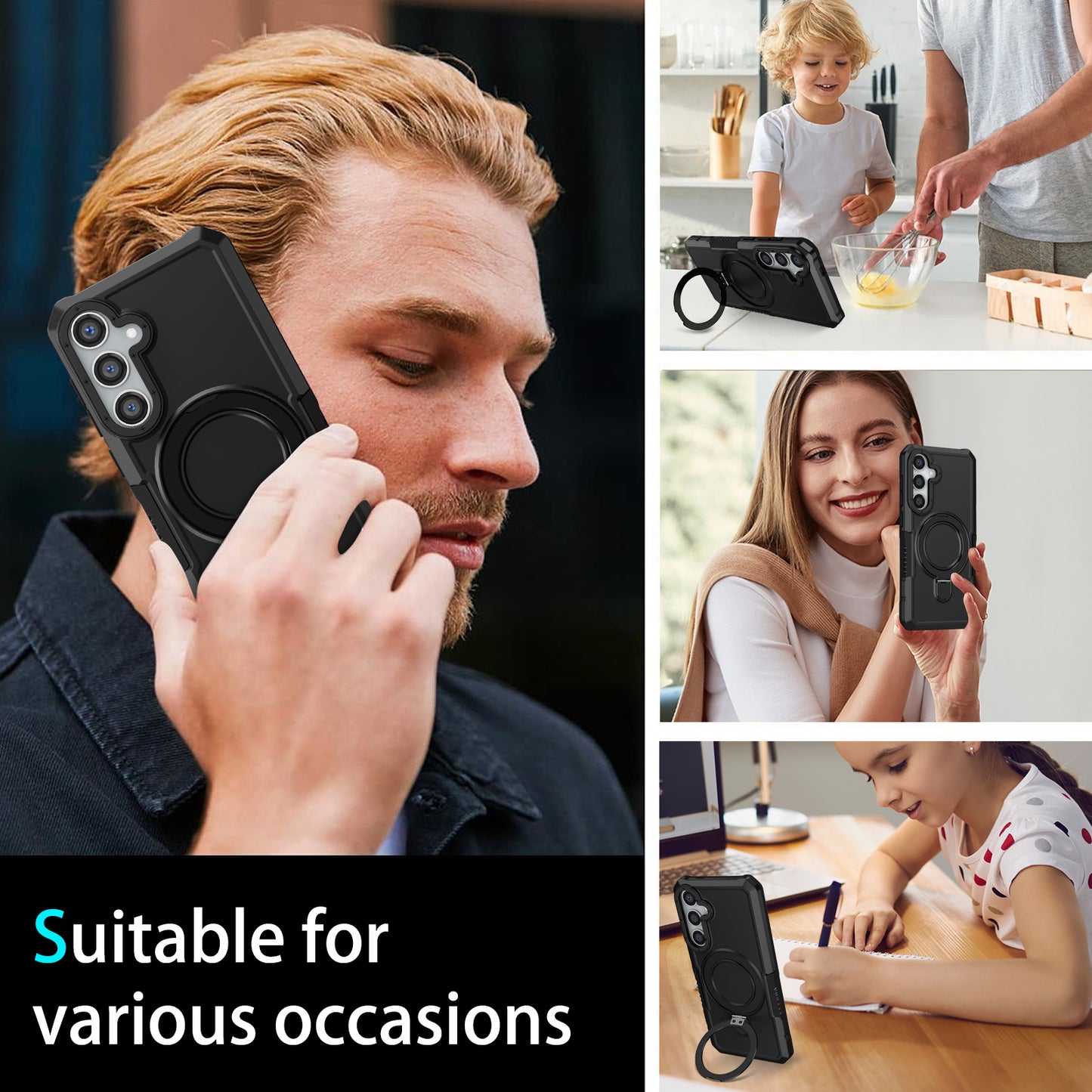 For Samsung Galaxy S24+ Case Hybrid TPU+PC Cover with Ring Holder Kickstand - Black
