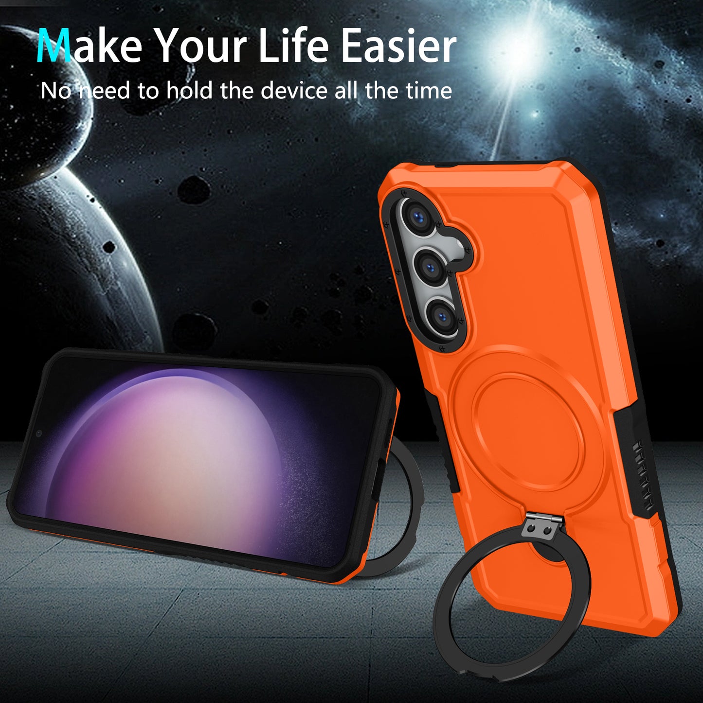 For Samsung Galaxy S24+ Case Hybrid TPU+PC Cover with Ring Holder Kickstand - Orange