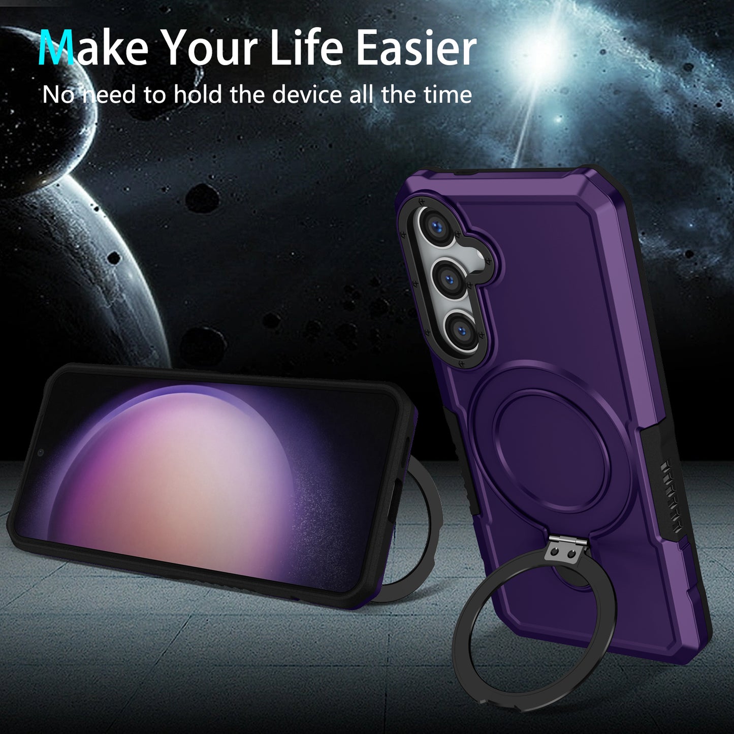 For Samsung Galaxy S24+ Case Hybrid TPU+PC Cover with Ring Holder Kickstand - Dark Purple