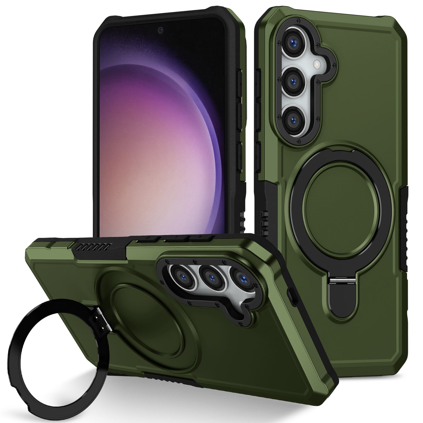 For Samsung Galaxy S24 Phone Cover TPU+PC Dual-Layer Ring Kickstand Anti-Drop Case - Blackish Green