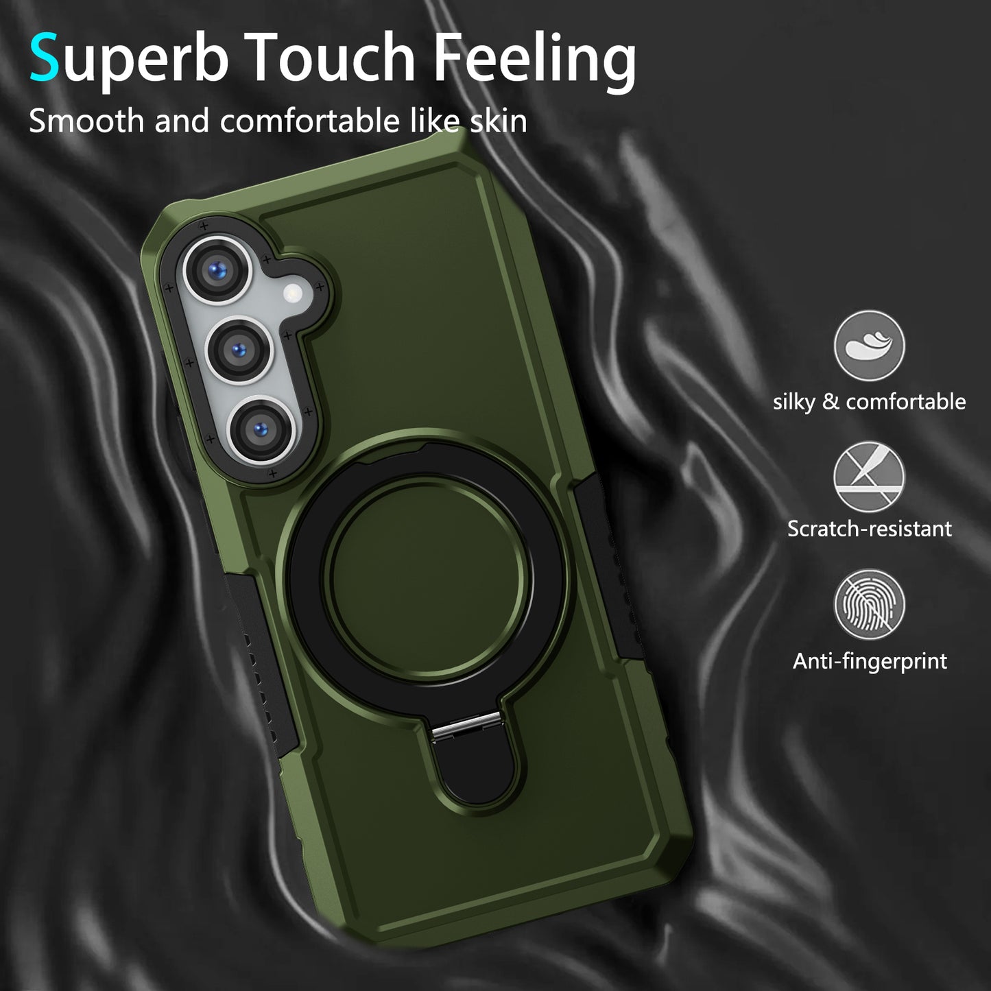 For Samsung Galaxy S24 Phone Cover TPU+PC Dual-Layer Ring Kickstand Anti-Drop Case - Blackish Green