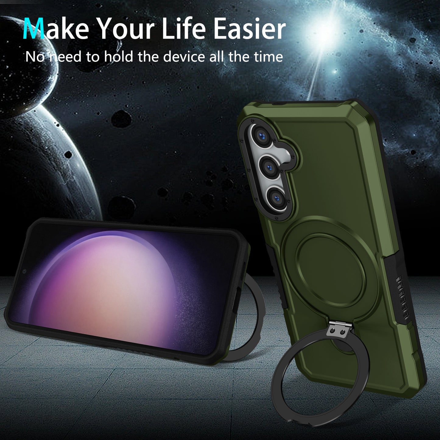 For Samsung Galaxy S24 Phone Cover TPU+PC Dual-Layer Ring Kickstand Anti-Drop Case - Blackish Green