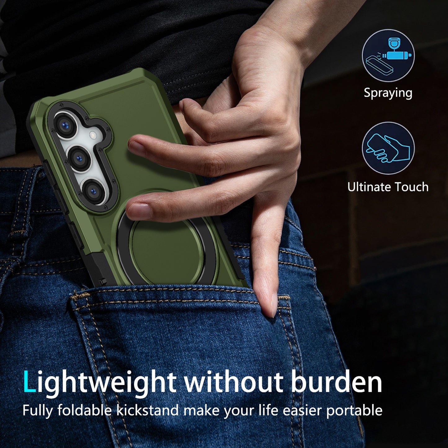 For Samsung Galaxy S24 Phone Cover TPU+PC Dual-Layer Ring Kickstand Anti-Drop Case - Blackish Green