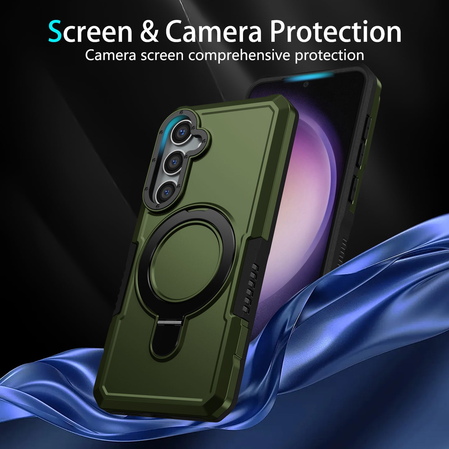 For Samsung Galaxy S24 Phone Cover TPU+PC Dual-Layer Ring Kickstand Anti-Drop Case - Blackish Green
