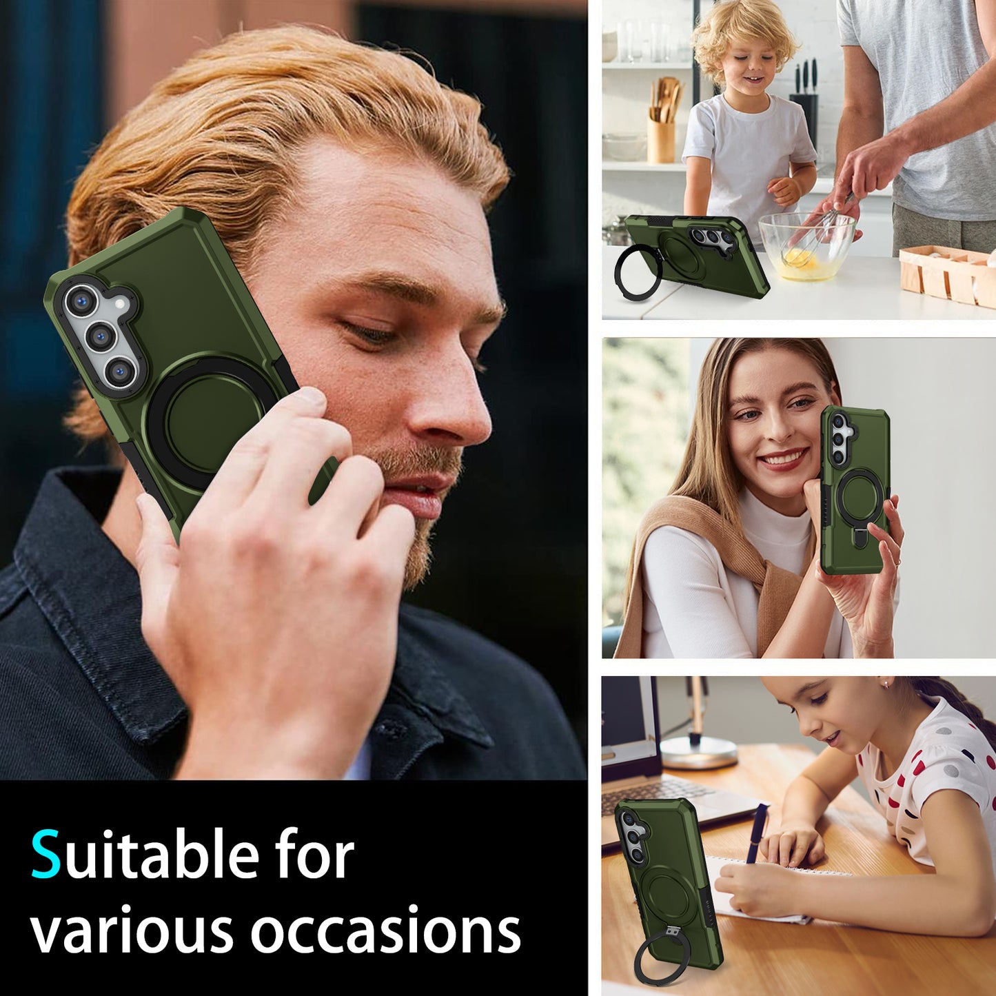 For Samsung Galaxy S24 Phone Cover TPU+PC Dual-Layer Ring Kickstand Anti-Drop Case - Blackish Green