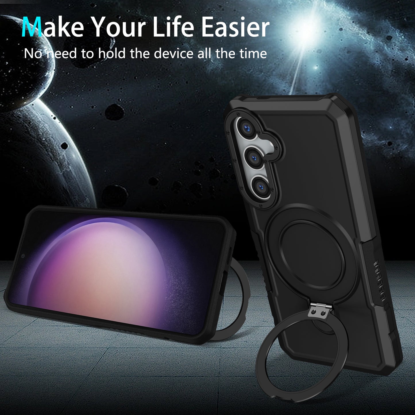 For Samsung Galaxy S24 Phone Cover TPU+PC Dual-Layer Ring Kickstand Anti-Drop Case - Black