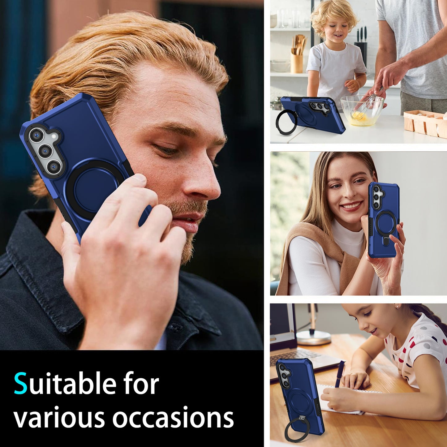 For Samsung Galaxy S24 Phone Cover TPU+PC Dual-Layer Ring Kickstand Anti-Drop Case - Sapphire