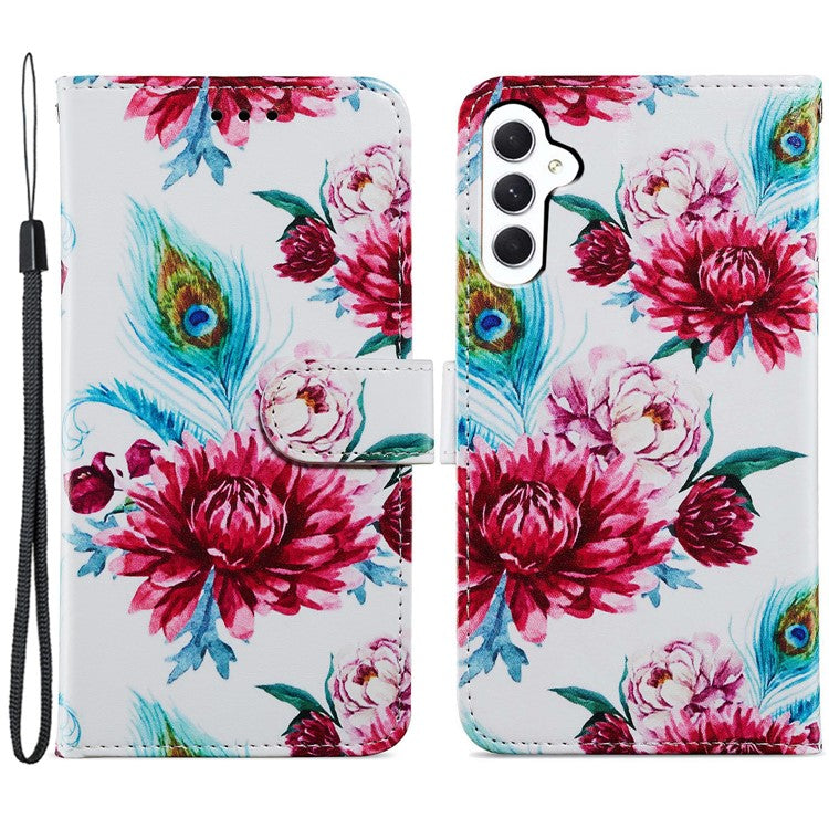 For Samsung Galaxy A55 5G Cell Phone Case PU Leather Pattern Print Wallet Cover - Peacock Flower