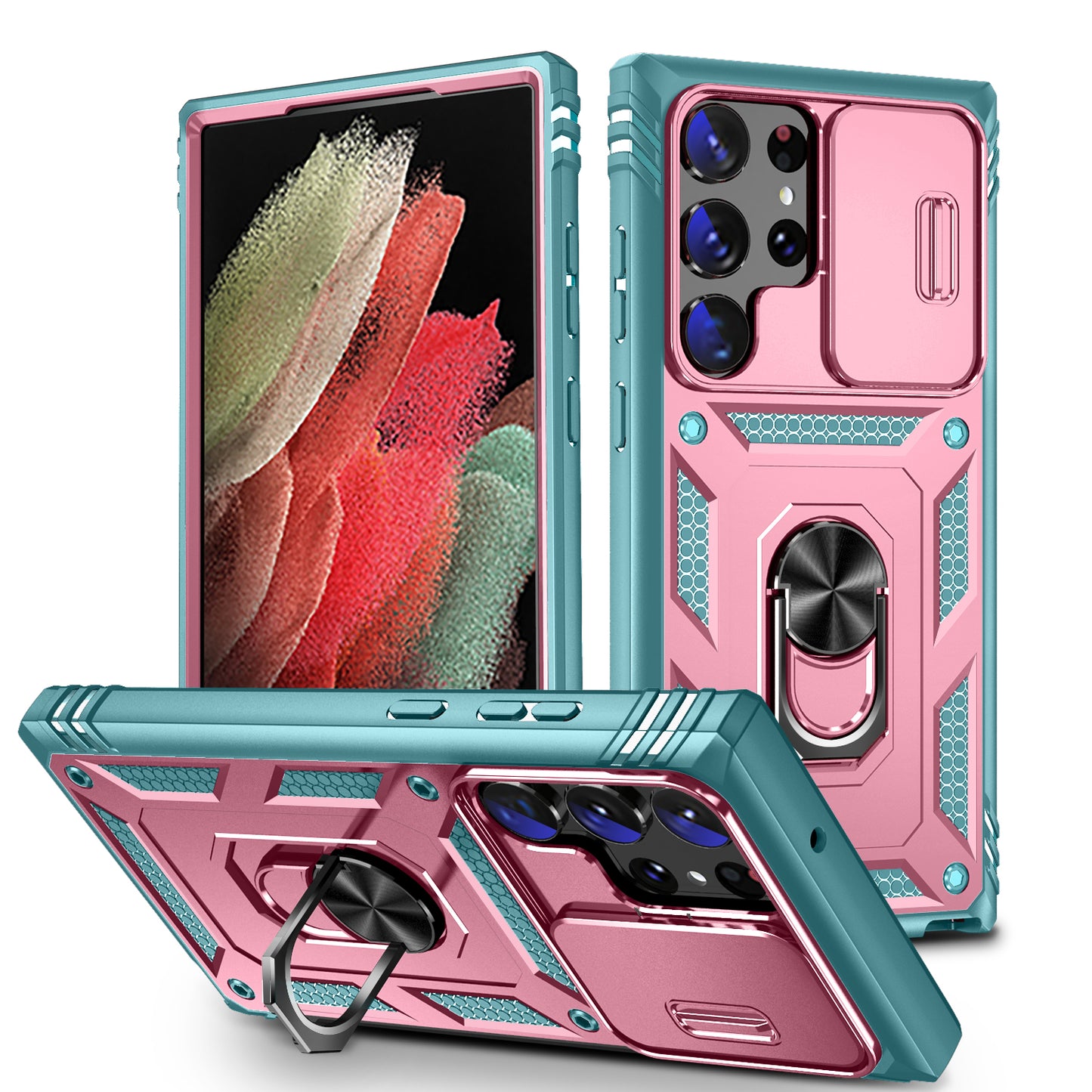 For Samsung Galaxy S24 Ultra Phone Case Built-in Slide Camera Lens Cover + Ring Holder Kickstand - Pink+Grey Green