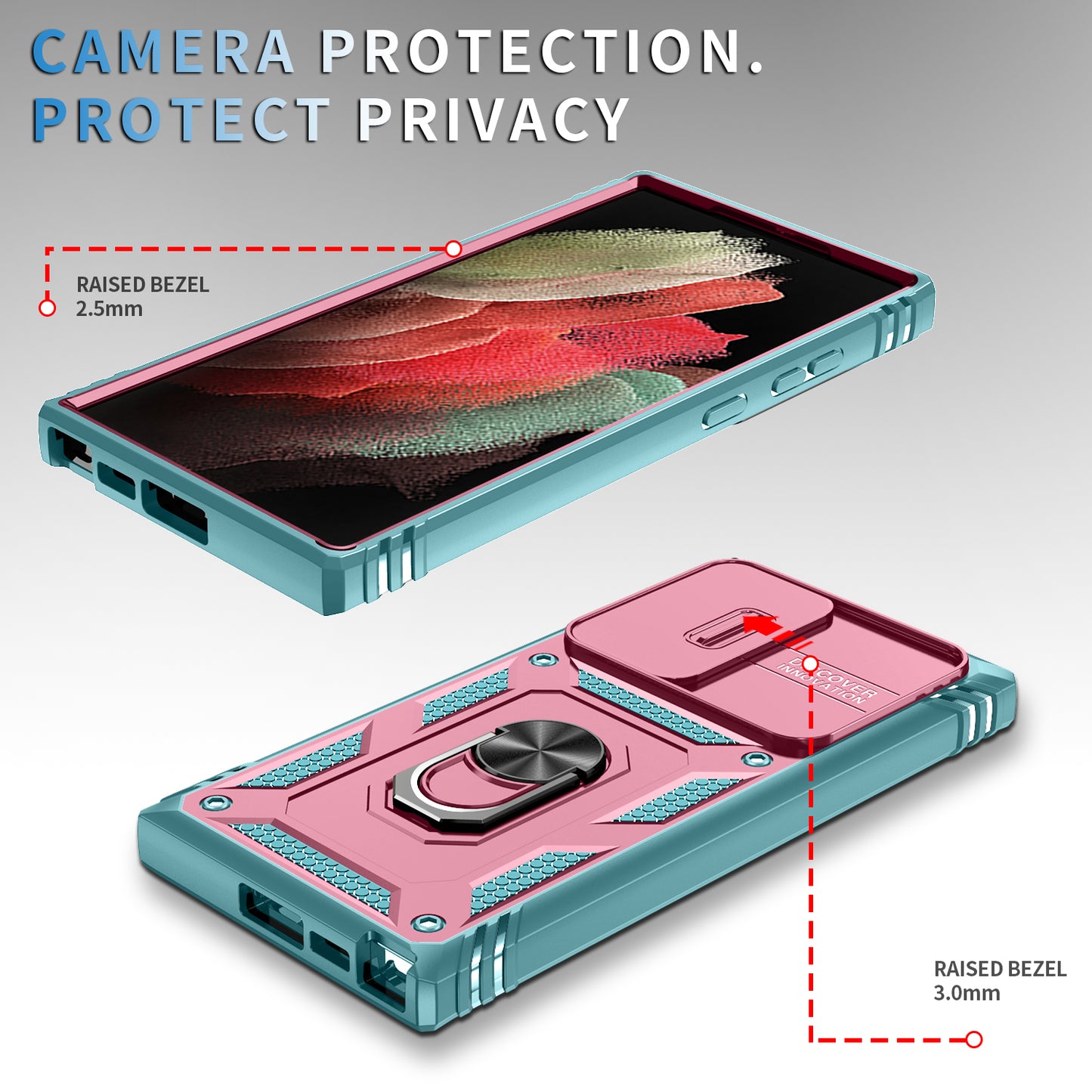 For Samsung Galaxy S24 Ultra Phone Case Built-in Slide Camera Lens Cover + Ring Holder Kickstand - Pink+Grey Green