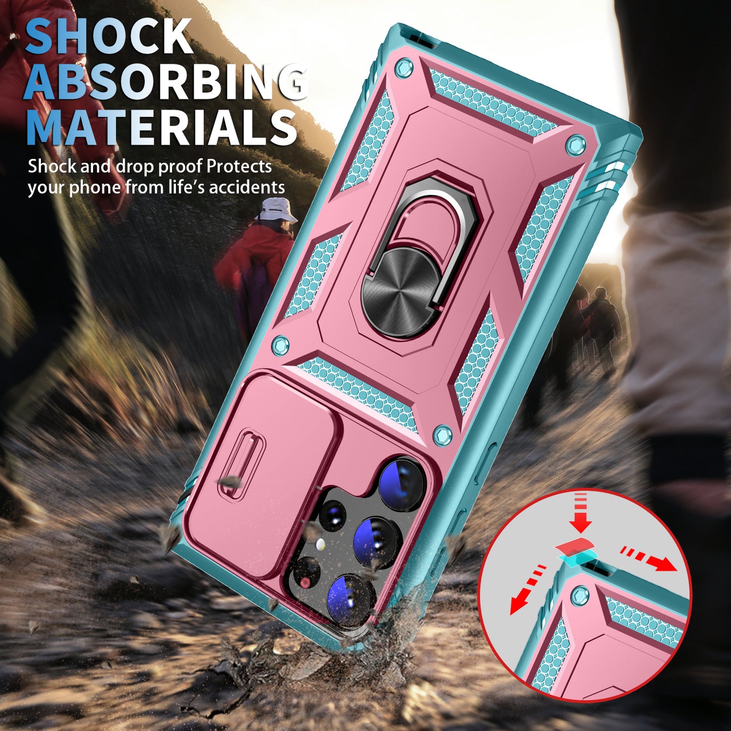 For Samsung Galaxy S24 Ultra Phone Case Built-in Slide Camera Lens Cover + Ring Holder Kickstand - Pink+Grey Green