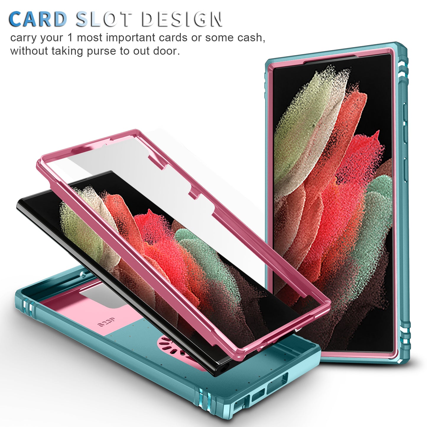 For Samsung Galaxy S24 Ultra Phone Case Built-in Slide Camera Lens Cover + Ring Holder Kickstand - Pink+Grey Green
