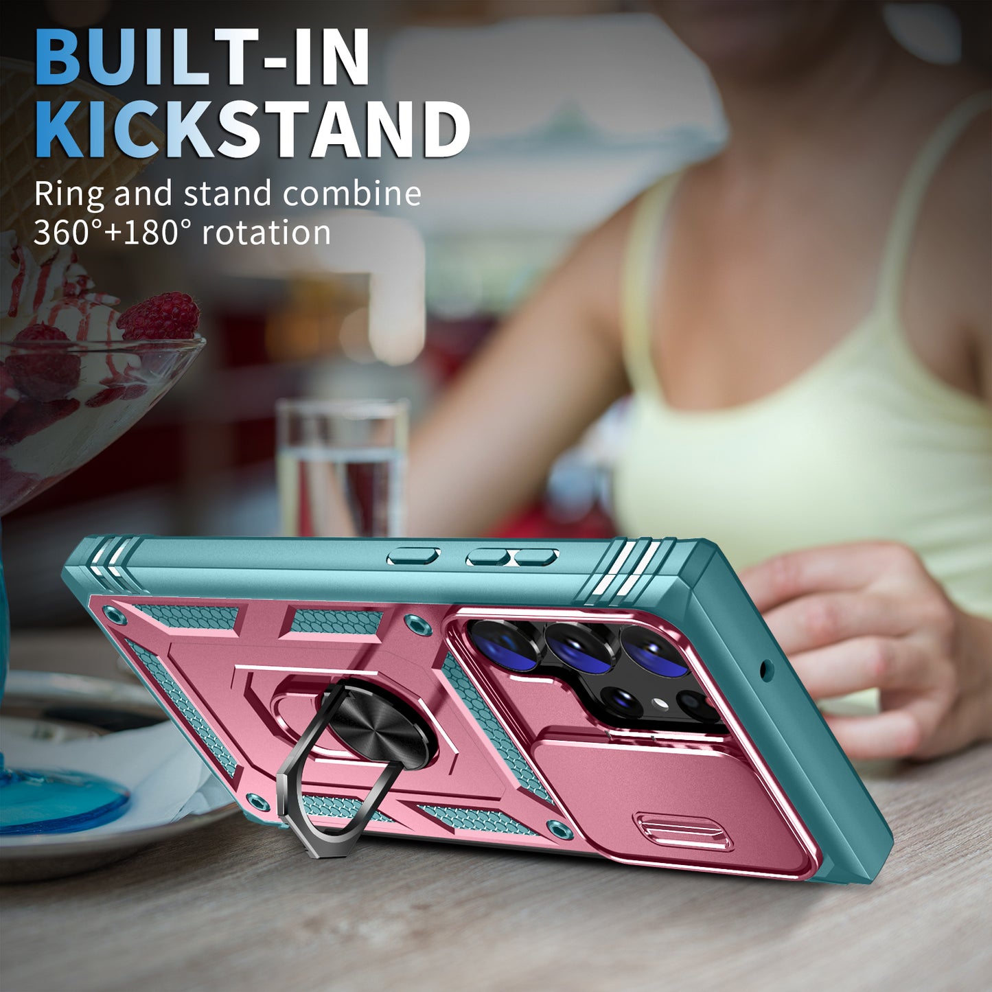 For Samsung Galaxy S24 Ultra Phone Case Built-in Slide Camera Lens Cover + Ring Holder Kickstand - Pink+Grey Green
