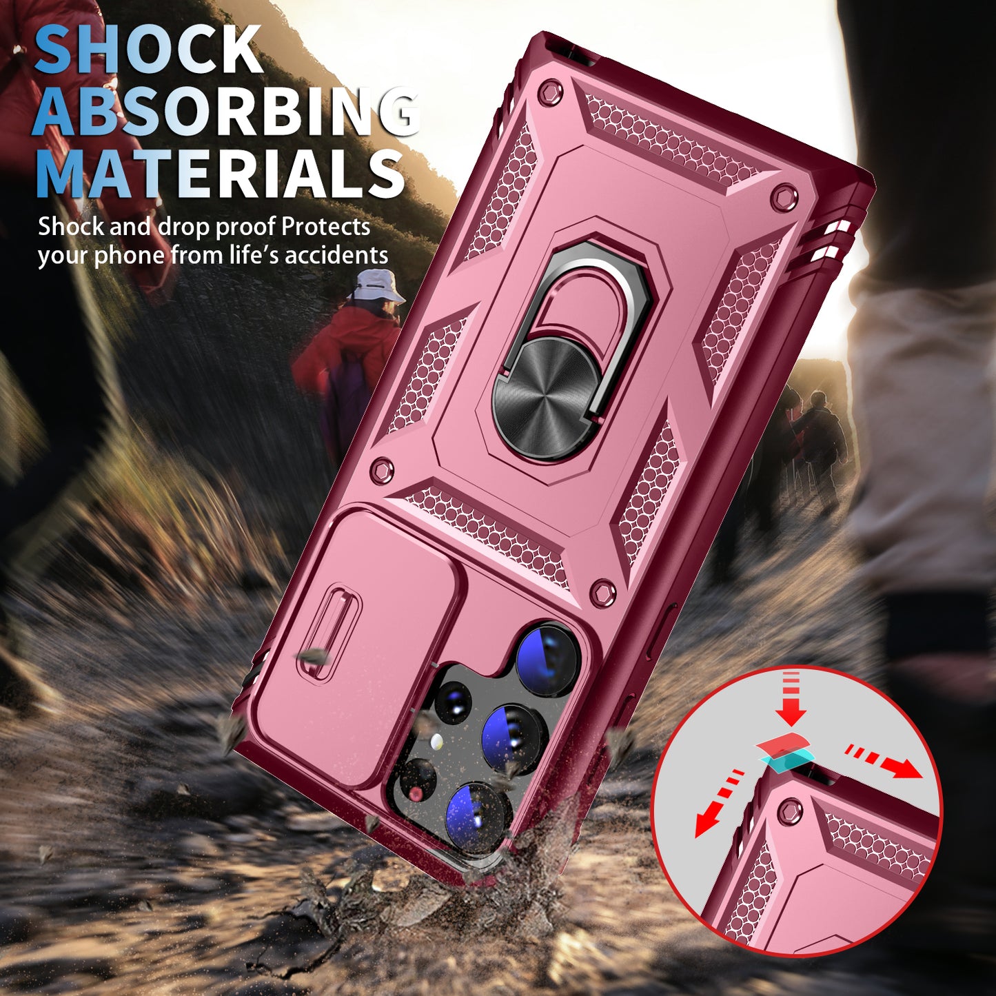 For Samsung Galaxy S24 Ultra Phone Case Built-in Slide Camera Lens Cover + Ring Holder Kickstand - Pink+Dark Red