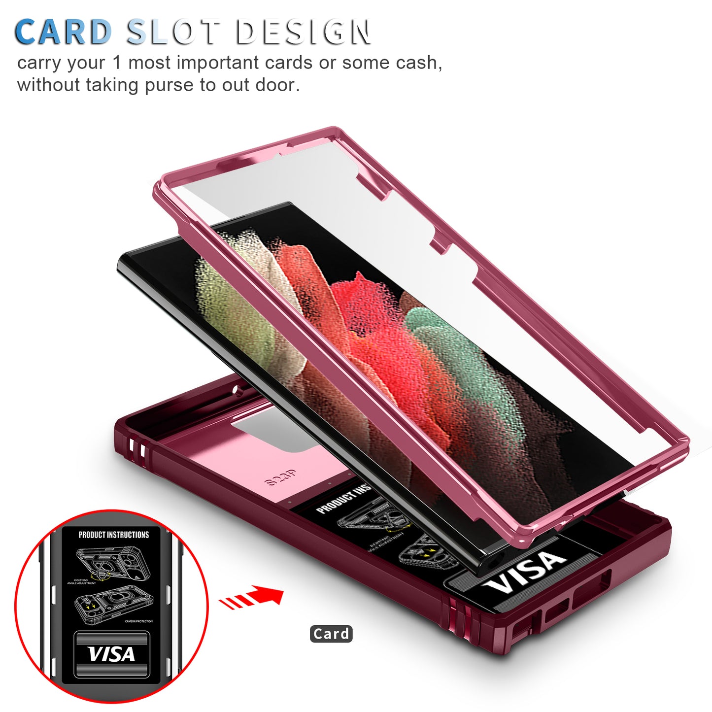 For Samsung Galaxy S24 Ultra Phone Case Built-in Slide Camera Lens Cover + Ring Holder Kickstand - Pink+Dark Red