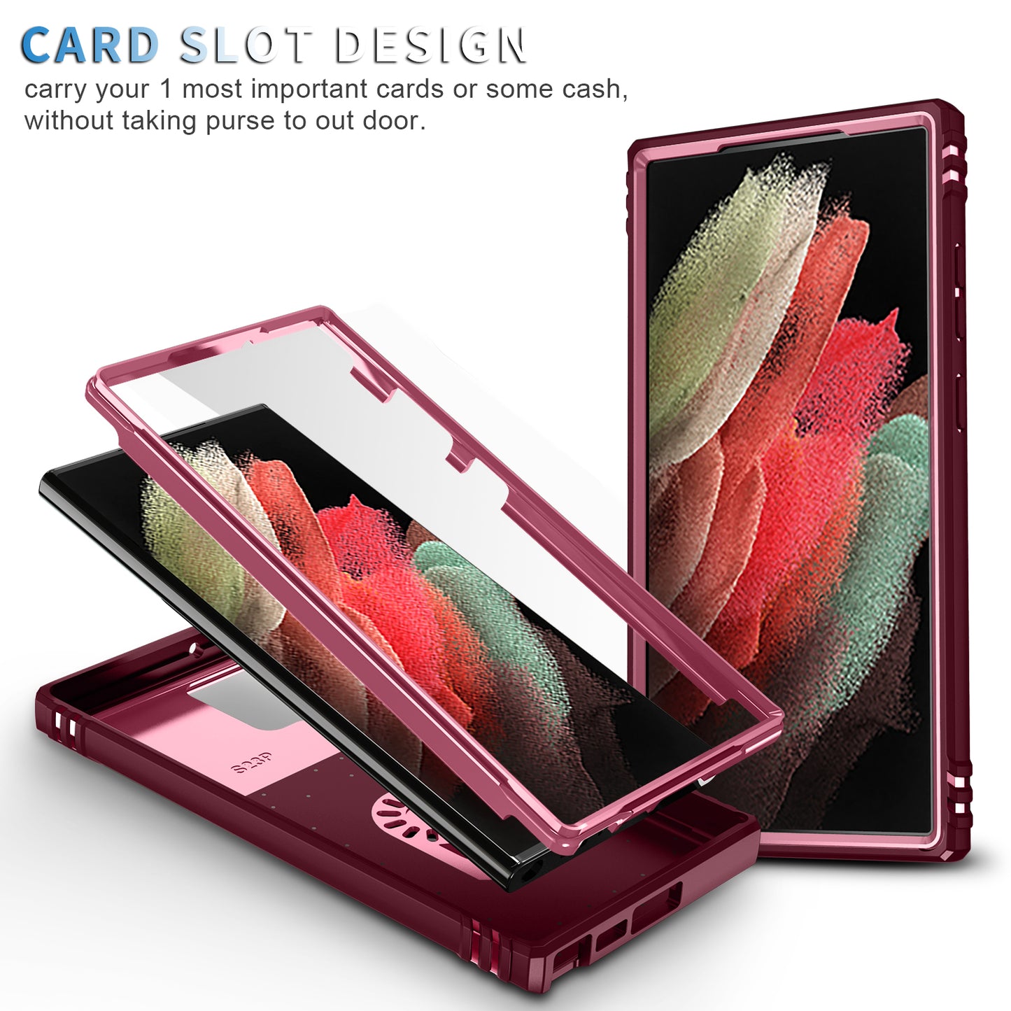For Samsung Galaxy S24 Ultra Phone Case Built-in Slide Camera Lens Cover + Ring Holder Kickstand - Pink+Dark Red