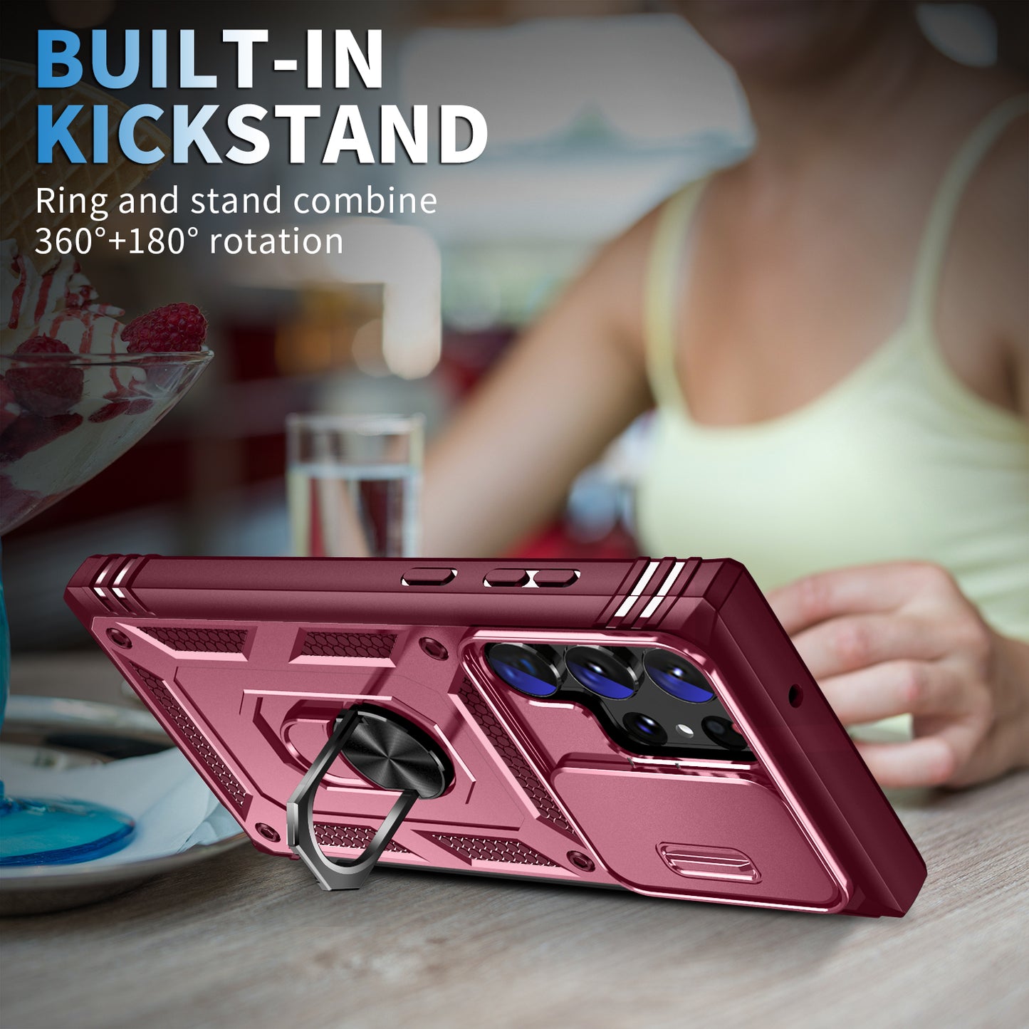 For Samsung Galaxy S24 Ultra Phone Case Built-in Slide Camera Lens Cover + Ring Holder Kickstand - Pink+Dark Red