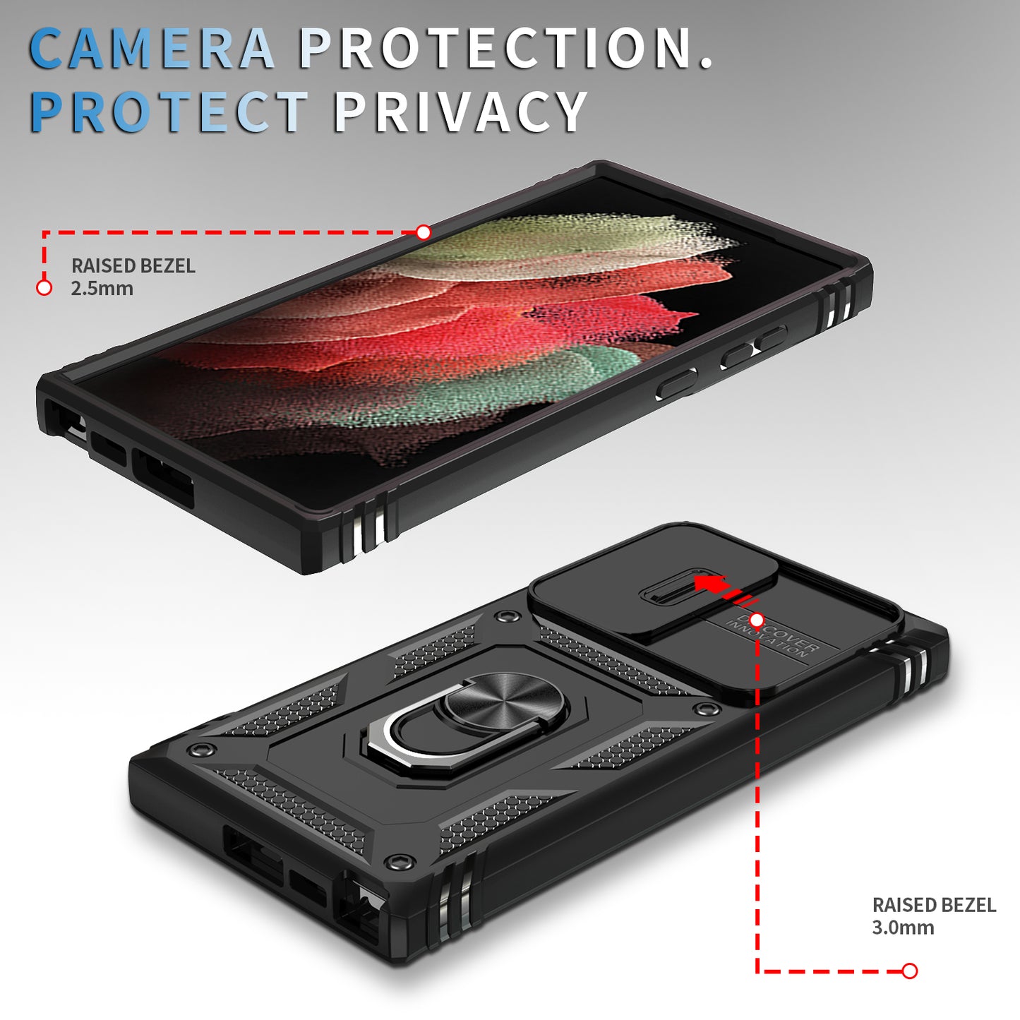 For Samsung Galaxy S24 Ultra Phone Case Built-in Slide Camera Lens Cover + Ring Holder Kickstand - Black