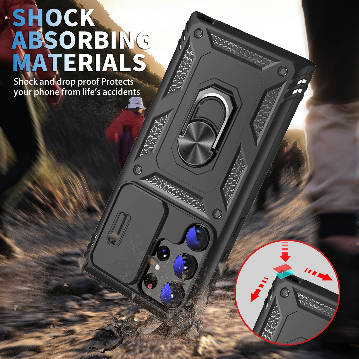 For Samsung Galaxy S24 Ultra Phone Case Built-in Slide Camera Lens Cover + Ring Holder Kickstand - Black