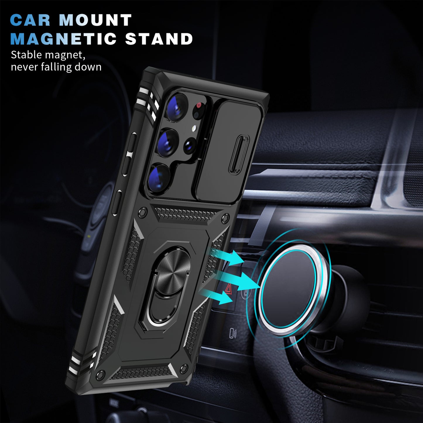 For Samsung Galaxy S24 Ultra Phone Case Built-in Slide Camera Lens Cover + Ring Holder Kickstand - Black