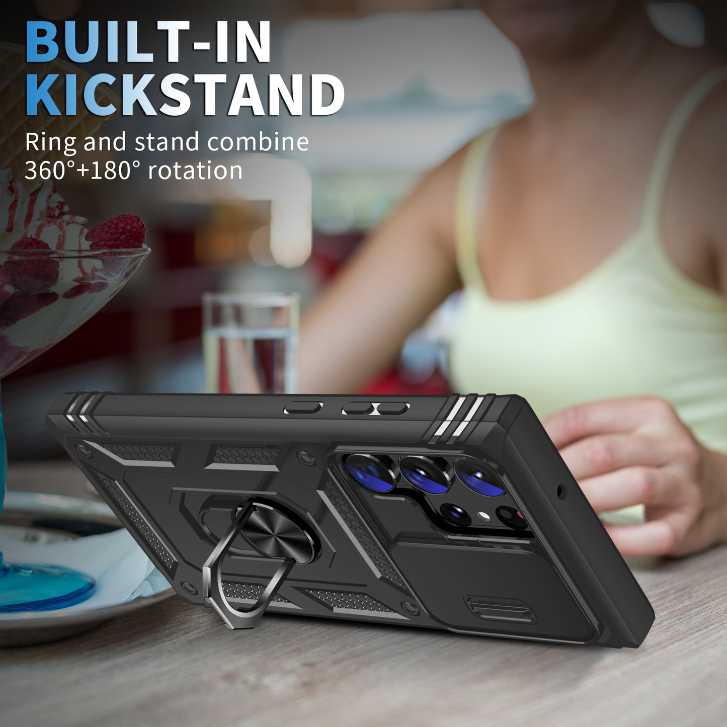 For Samsung Galaxy S24 Ultra Phone Case Built-in Slide Camera Lens Cover + Ring Holder Kickstand - Black