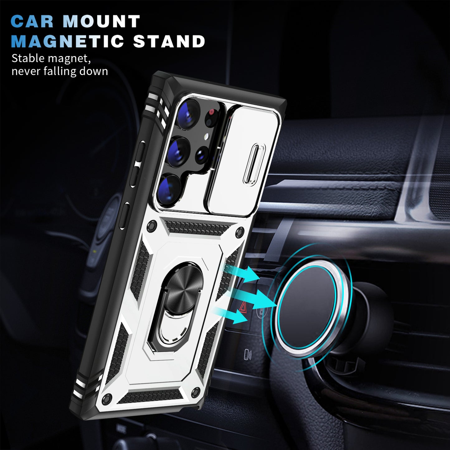 For Samsung Galaxy S24 Ultra Phone Case Built-in Slide Camera Lens Cover + Ring Holder Kickstand - White+Black