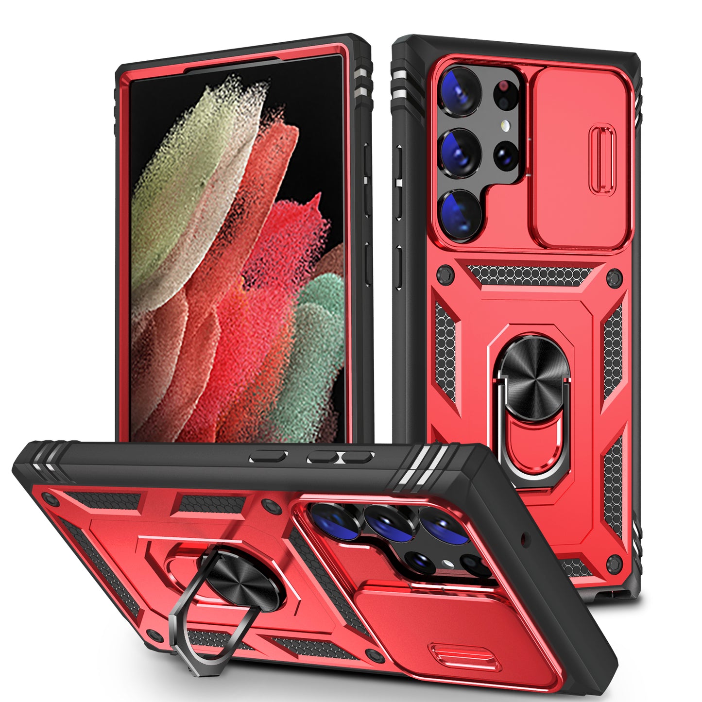 For Samsung Galaxy S24 Ultra Phone Case Built-in Slide Camera Lens Cover + Ring Holder Kickstand - Red+Black