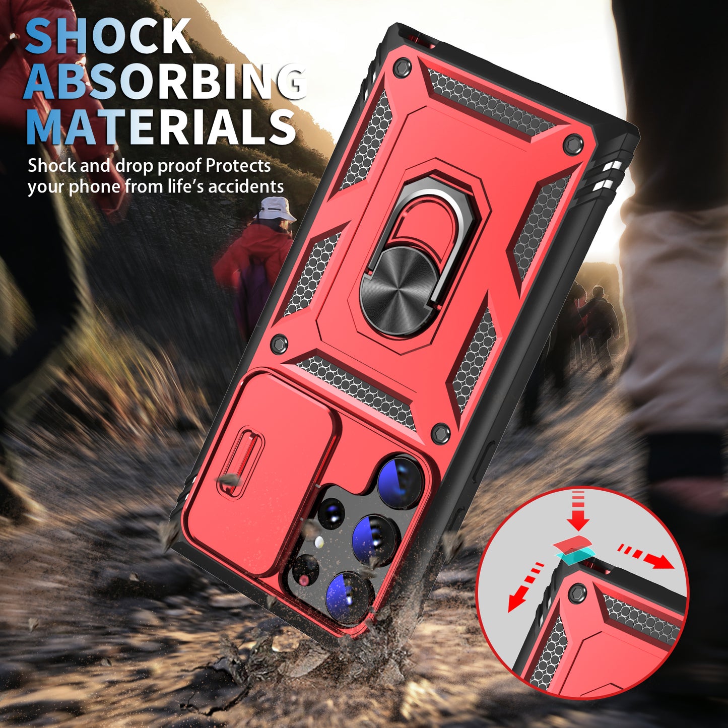 For Samsung Galaxy S24 Ultra Phone Case Built-in Slide Camera Lens Cover + Ring Holder Kickstand - Red+Black