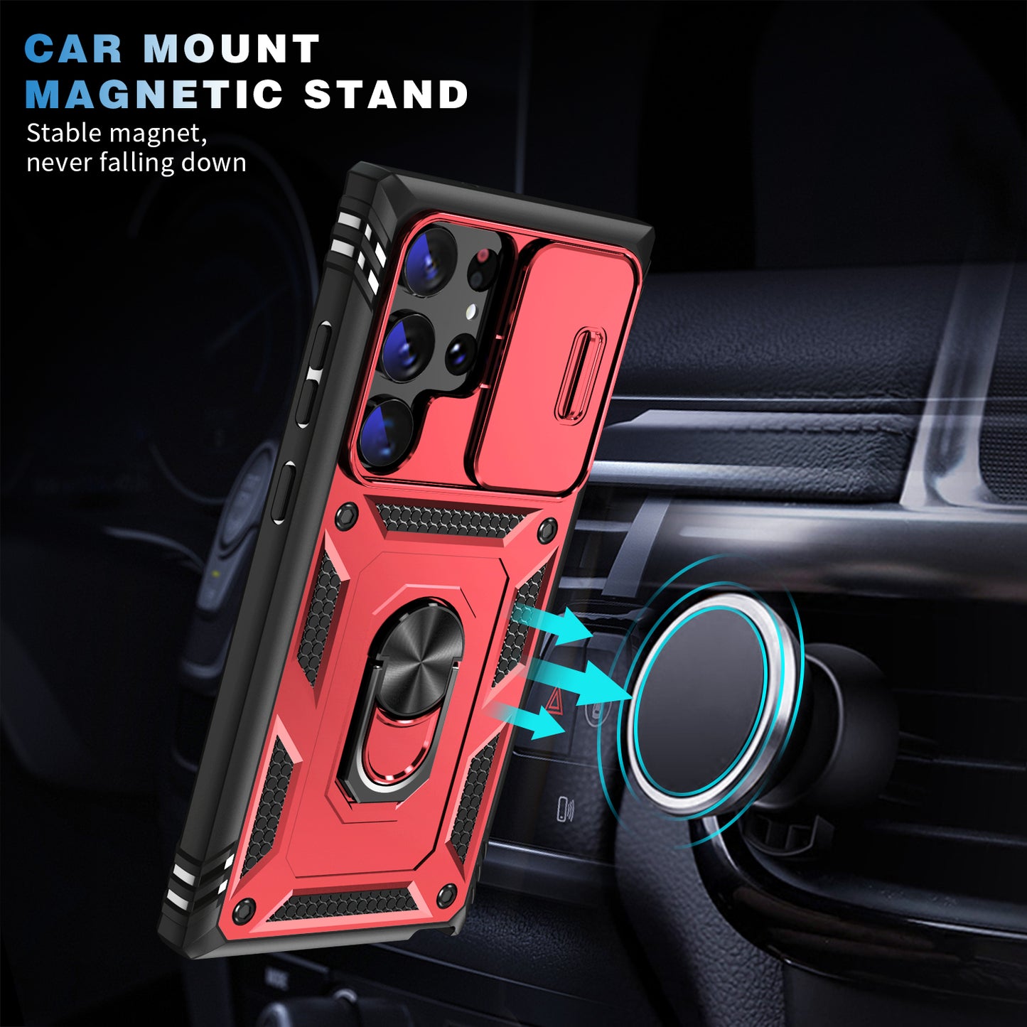 For Samsung Galaxy S24 Ultra Phone Case Built-in Slide Camera Lens Cover + Ring Holder Kickstand - Red+Black