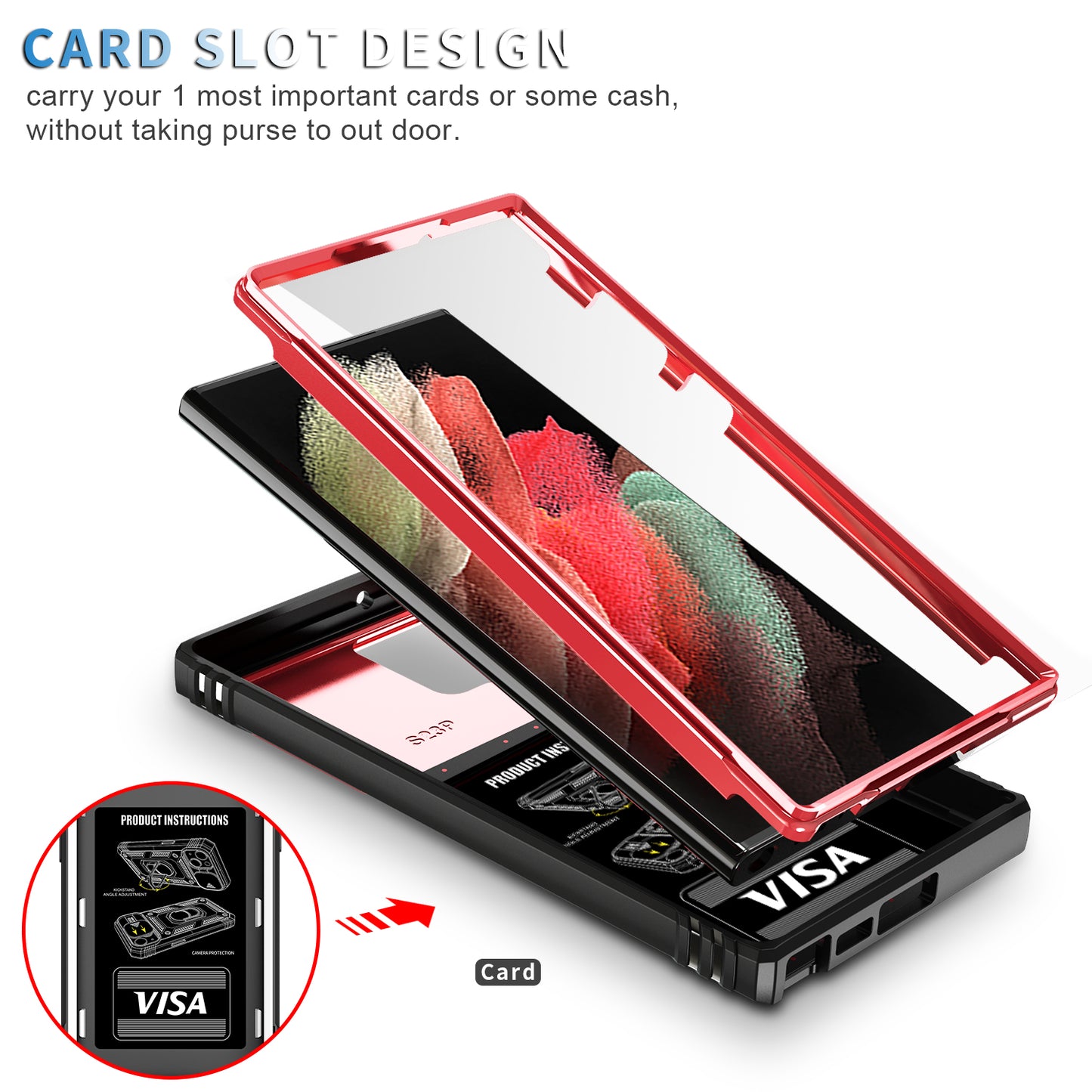 For Samsung Galaxy S24 Ultra Phone Case Built-in Slide Camera Lens Cover + Ring Holder Kickstand - Red+Black