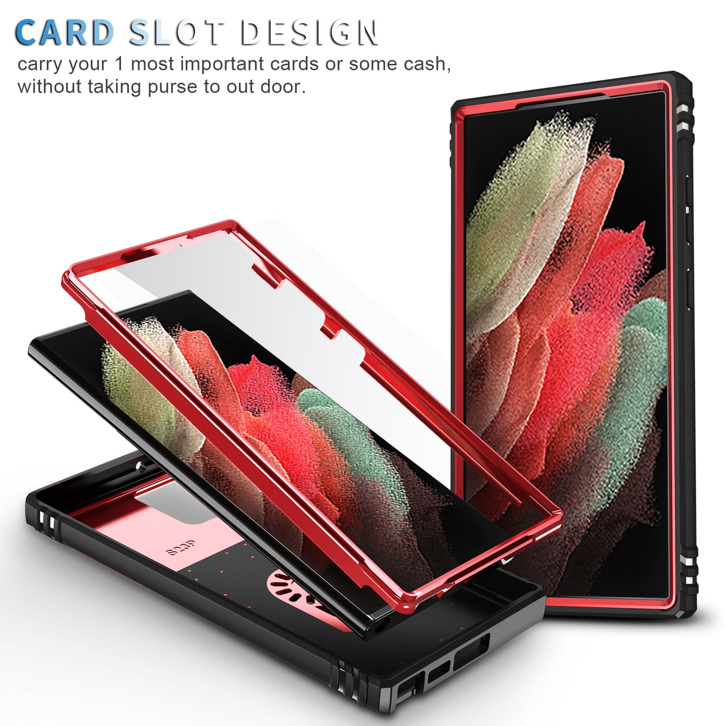 For Samsung Galaxy S24 Ultra Phone Case Built-in Slide Camera Lens Cover + Ring Holder Kickstand - Red+Black