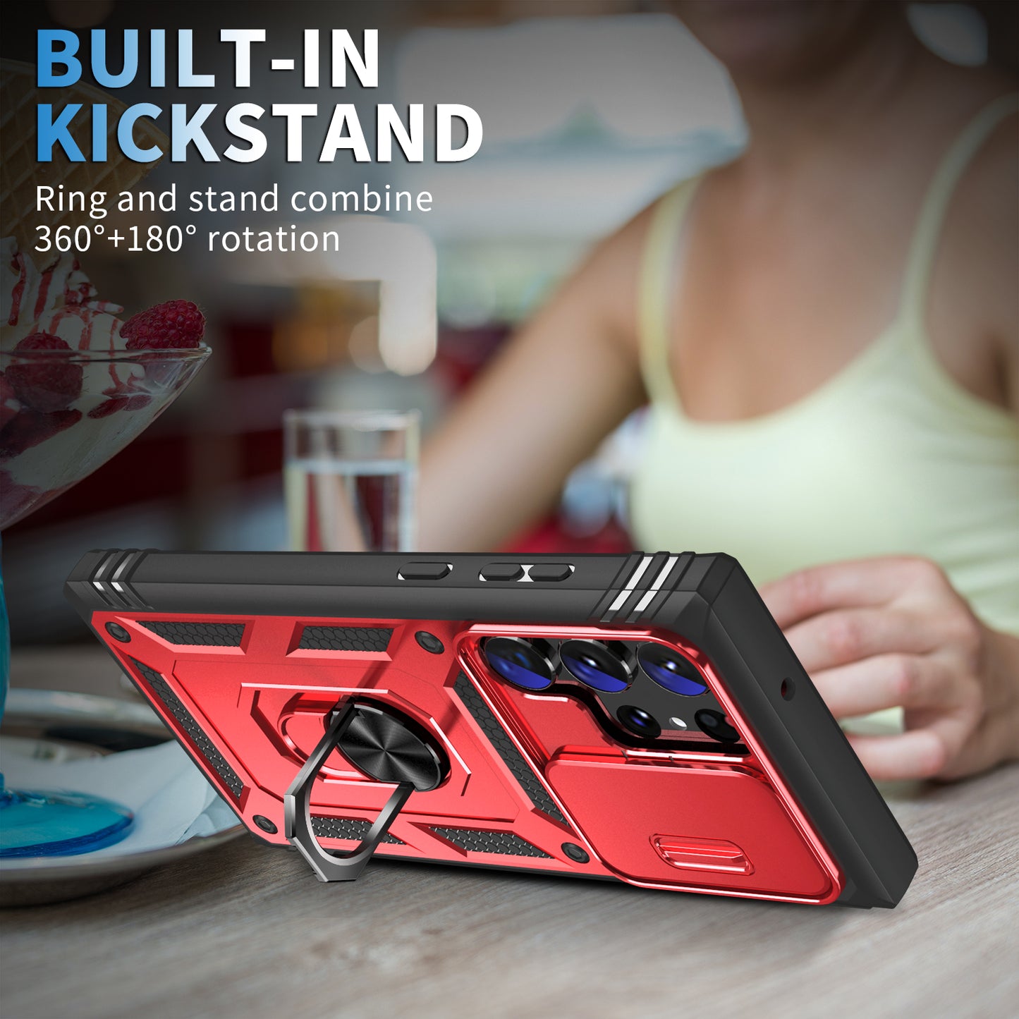 For Samsung Galaxy S24 Ultra Phone Case Built-in Slide Camera Lens Cover + Ring Holder Kickstand - Red+Black
