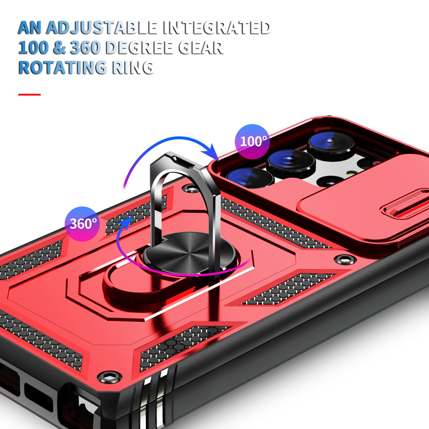 For Samsung Galaxy S24 Ultra Phone Case Built-in Slide Camera Lens Cover + Ring Holder Kickstand - Red+Black